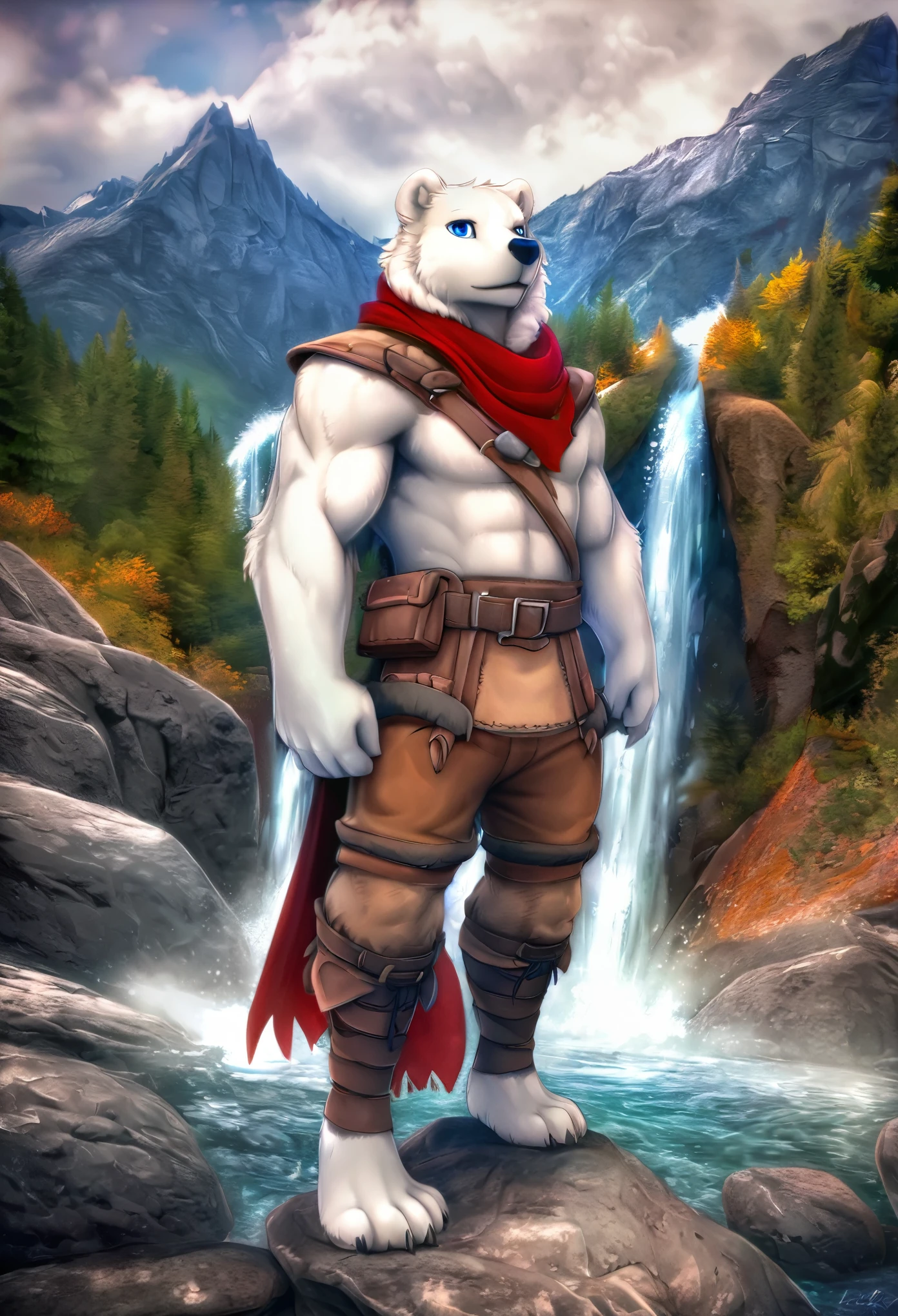 Furry, solo, white bear, Blue Eyes, Muscular, Wear an adventurer’s outfit, red cloth, red scarf, Behind is a mountain, waterfall, Standing on the rocks by the waterfall, High resolution imageHDR, 4K