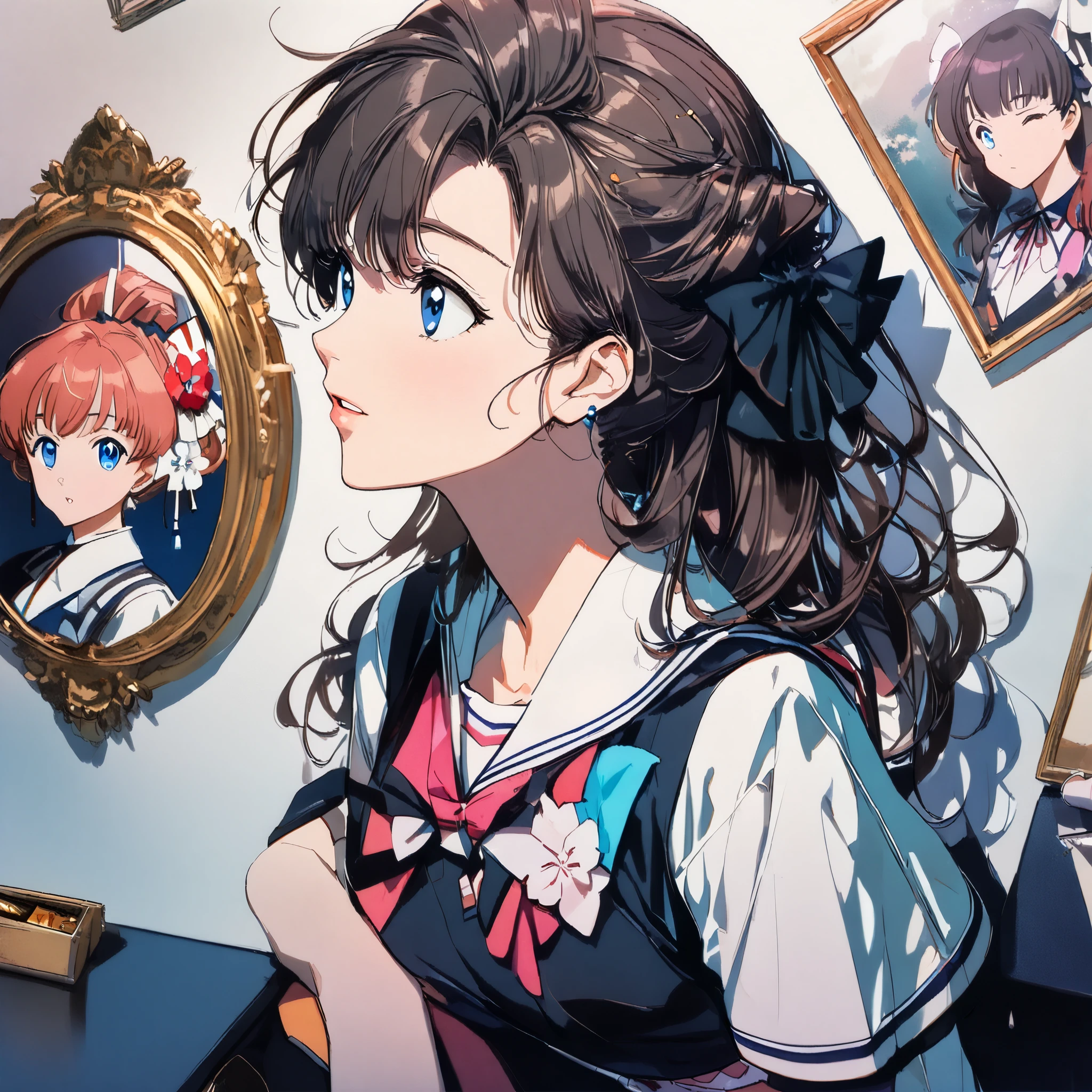 highres, extremely details, dramatic brightness, best quality art, 32k, 8K wallpaper, 4K digital animation, (1980s Japanese anime art:1.5). 1girl, she sad and remember a boy friend, he moved from school. (Her hair color is black:1.3),((a photo of girl, 1980s Japanese idol hairstyle:1.7)),(blue eyes :1.3),(detailed eyes and tears:1.3),close up upper body, (she wearing a sailor suit uniform in the room:1.5),(She holding a crumpled old paper in hand:1.5), (She looking memo on this crumpled paper:1.3), (The cherry blossom trees shine beyond the window:1.3)