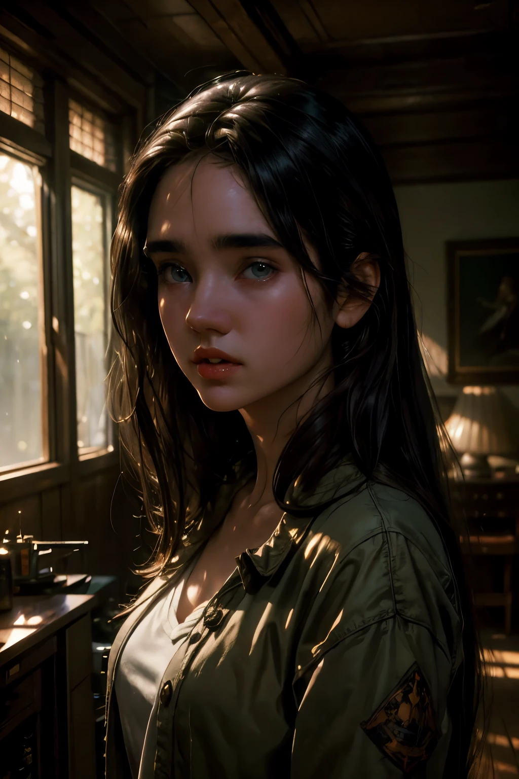  Brunette long hair, young, smile , green eyes, white pale skin, ((Jennifer Connelly)), portrait, casual Blue and Brown clothes, (Shy), elegant, gorgeous face, Room of wood, High detail RAW colored art,  (detailed skin, skin texture), hotel atmosphere, (muscle), (detailed skin,  skin texture), intricate details, fine details, hyperdetailed, ray tracing, subsurface scattering, diffuse soft lighting, shallow depth of field, by (Oliver Wetter) Atey Ghailan, by Jeremy Mann, Greg Manchess, Antonio Moro, trend at ArtStation, trend at CGSociety, Intricate, High Detail, Sharp focus, dramatic and photorealistic painting art by midjourney and greg rutkowski, bokeh in the background, green jacket, best quality, masterpiece, 1girl, Halfbody portrait, natural bright ambient, look at the viewer, Brown t-shir, jeans, Blue bomber jacket