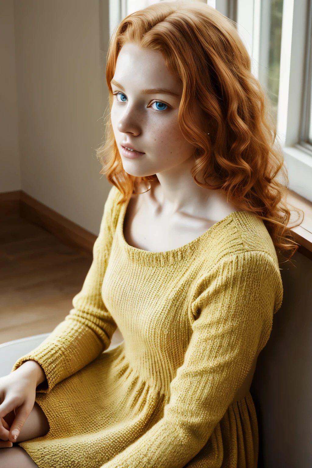 1girl in, age13, Solo, Aesthetic artwork, irish  redhead, wavy ginger hair, shoulder length ginger hair, gray eyes, light grey eyes, some small freckles, pale skin, A-cup, small breasts, runners body, (textured skin, skin pores:1.1), (moles:0.8), imperfect skin, goosebumps, sitting down having coffee, drinking coffee, (extremely detailed 8k wallpaper), soft lighting, high quality, film grain, Fujifilm XT3 sharp focus, f 5.6, 50mm, High Detail, Sharp focus,(natural light), in a yellow colored dress. A yellow sundress, floral pattern sundress, crazy details, complex details, hyperdetailed