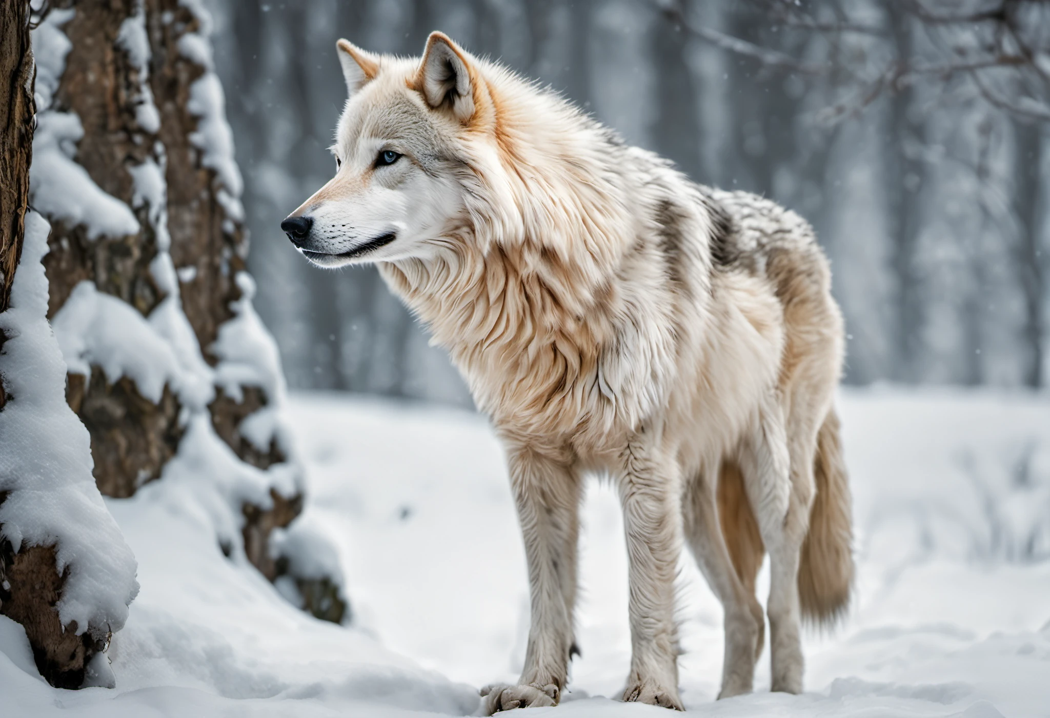 (best quality,ultra-detailed,realistic:1.37),white wolf in the snow,gorgeous winter scenery,crisp snowflakes,pristine snow-covered landscape,wolf's piercing blue eyes,strong and majestic stance,thick fur with intricate patterns,snow crystals glistening on the wolf's fur,mysterious aura surrounding the wolf,subtle shadows and highlights,impeccable attention to fur texture,dramatic lighting revealing the wolf's regal features,natural snow-covered trees in the background,vivid colors contrasting with the white snow,ethereal atmosphere,snowy mountains in the distance,subtle hints of the wolf's breath in the cold air