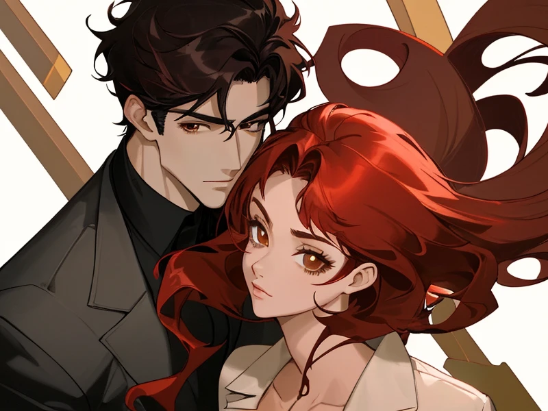 Handsome man with black hair and brown eyes and a beautiful woman with red hair and hazel eyes