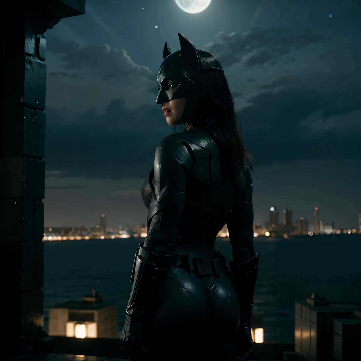Batman of the Dark Knight stands towering in a lost Gotham city. Moonlight highlights your muscles and scars.. El paisaje es exuberante y misterioso., with futuristic technology and environment. The camera details everything., una mujer guerrera, In front of him.