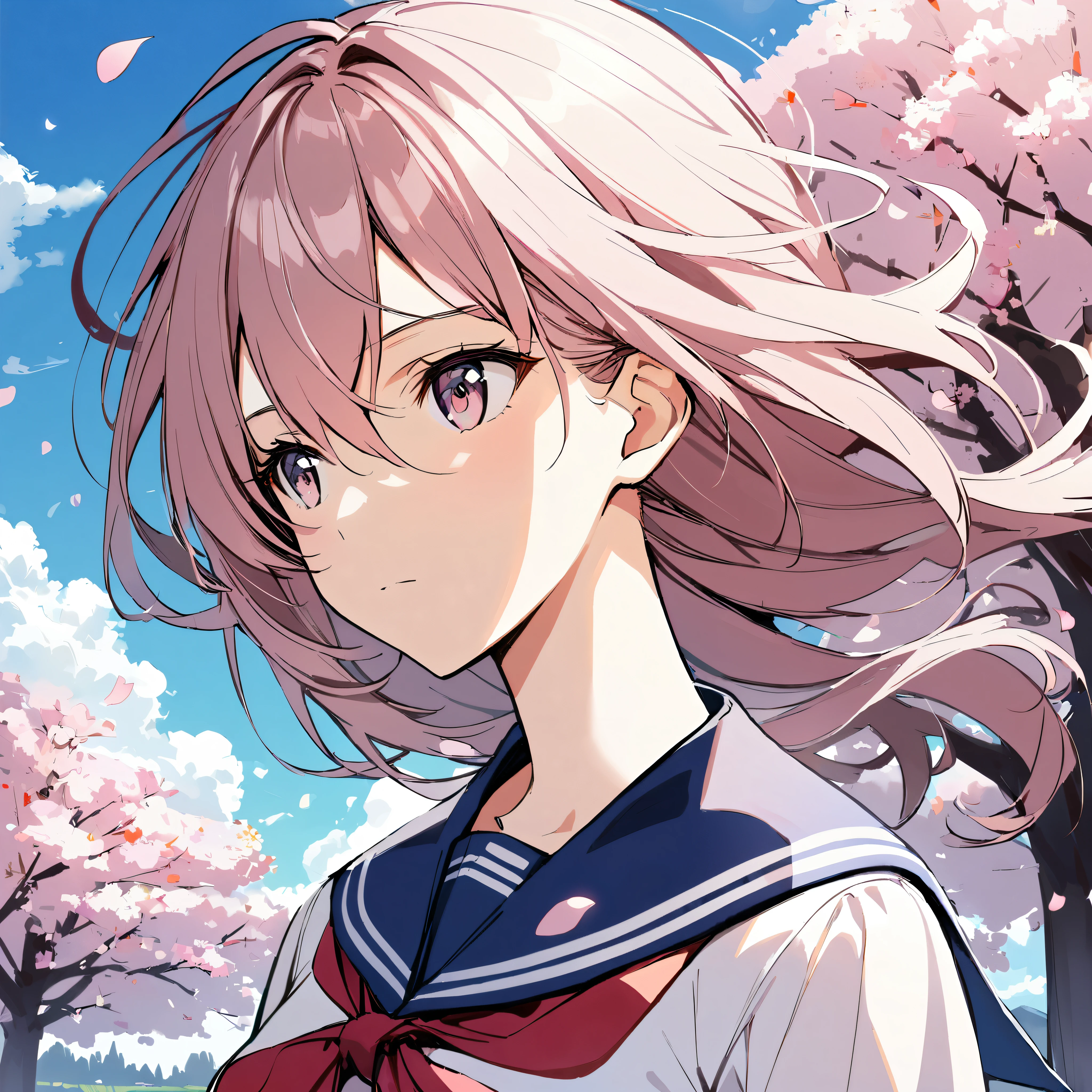 1girl, solo, hair between eyes, closed mouth, standing, flower, outdoors, sky, cloud, tree, petals, floating hair, cherry blossoms, pink flower, (sailor suit), (((face focus))), (((looking at another)))