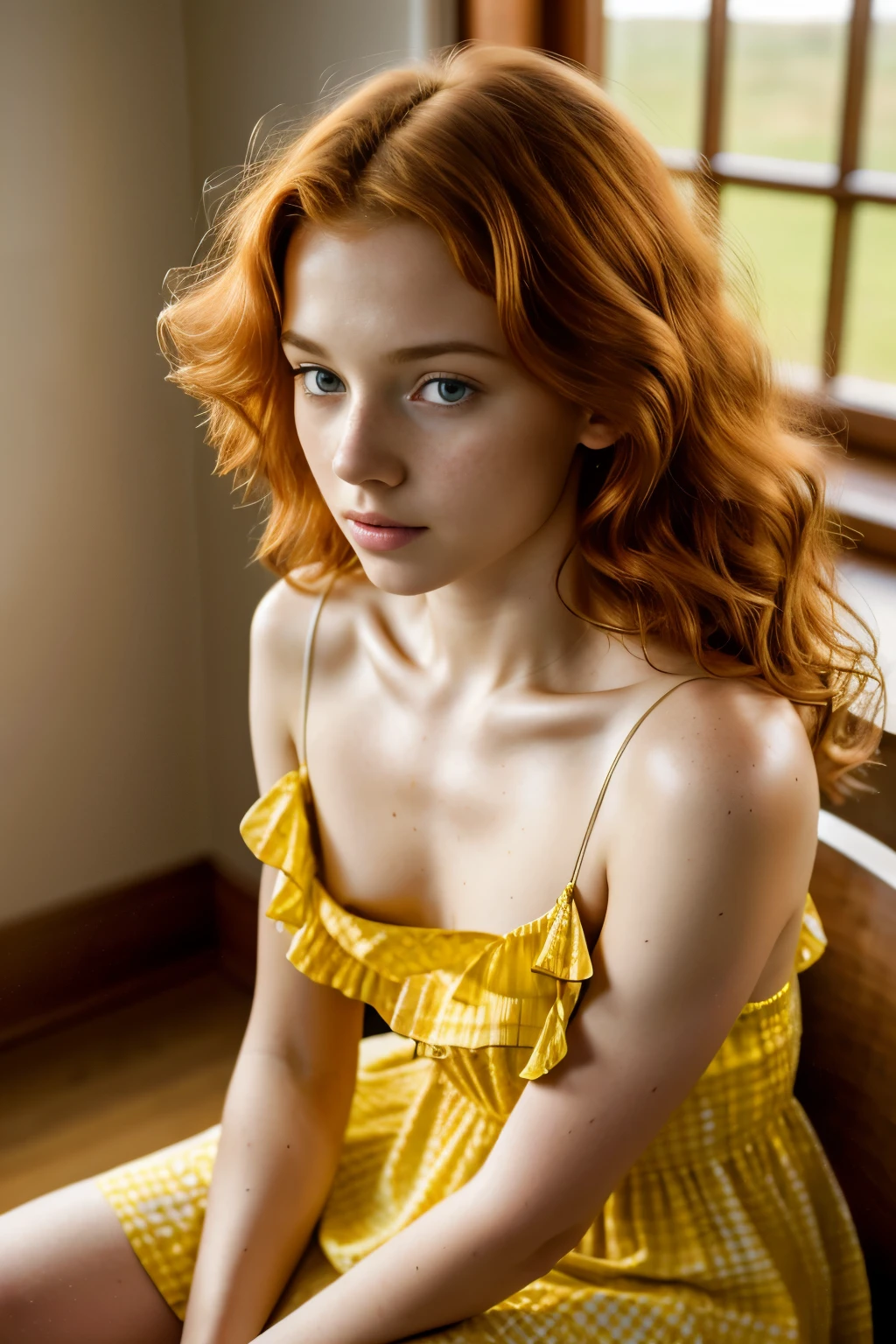 1girl in, age13, Solo, Aesthetic artwork, irish redhead, wavy ginger hair, shoulder length ginger hair, gray eyes, light grey eyes, some small freckles, pale skin, A-cup, small breasts, runners body, (textured skin, skin pores:1.1), (moles:0.8), imperfect skin, goosebumps, sitting down having coffee, drinking coffee, (extremely detailed 8k wallpaper), soft lighting, high quality, film grain, Fujifilm XT3 sharp focus, f 5.6, 50mm, High Detail, Sharp focus,(natural light), in a yellow colored dress. A yellow sundress, floral pattern sundress, crazy details, complex details, hyperdetailed, nsfw