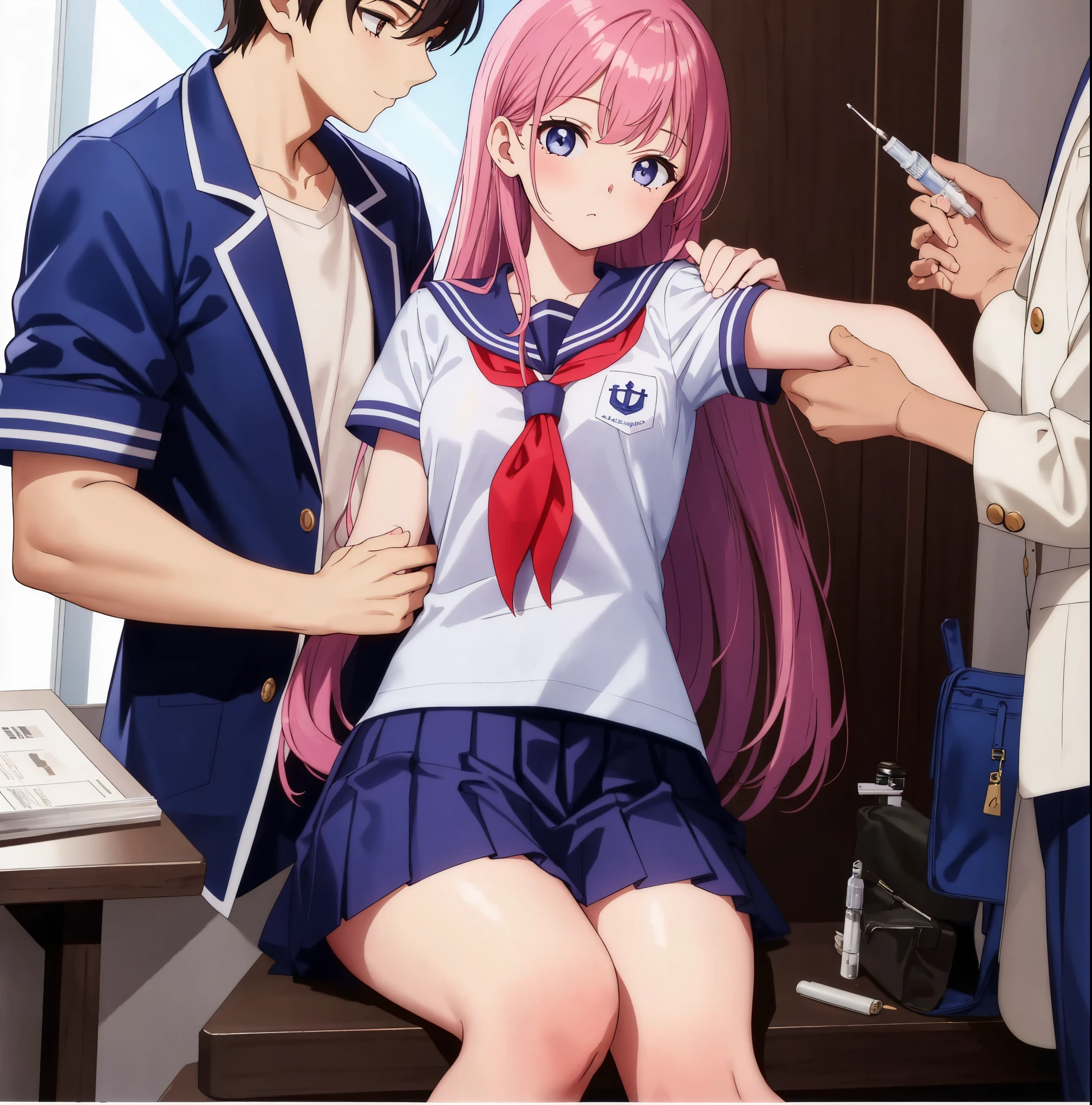 A high school girl in a sailor uniform receives a vaccination