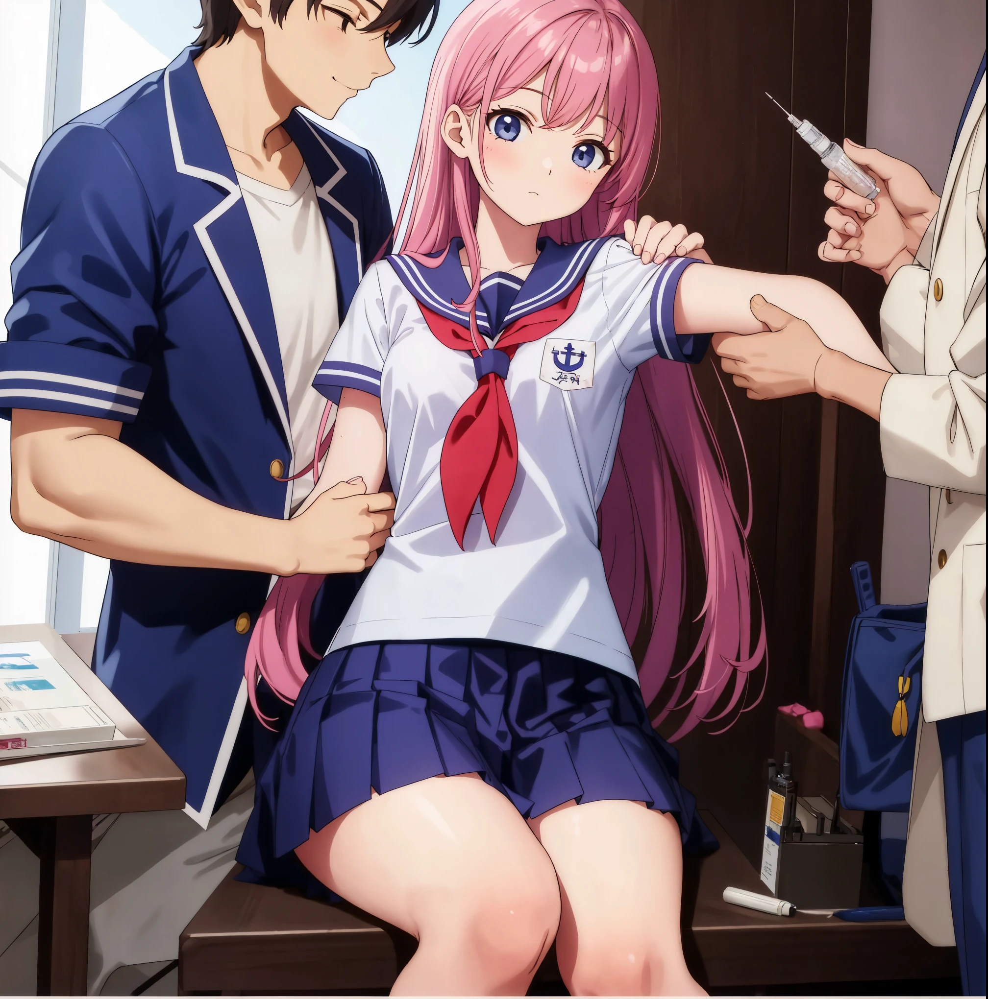 A high school girl in a sailor uniform receives a vaccination