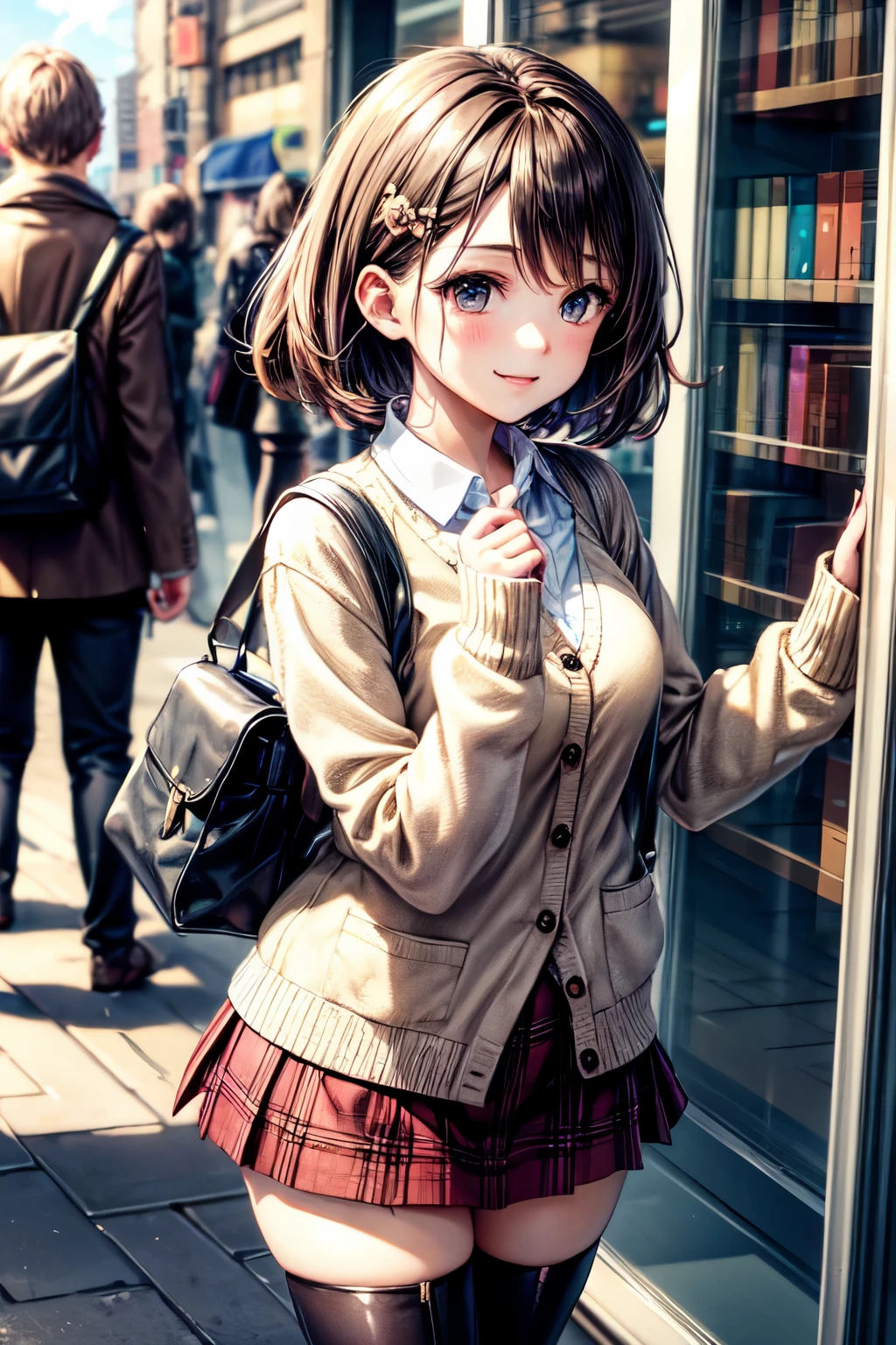 very cute and beautiful girl,(highly detailed beautiful face),(white blouse),(smile),
(beige cardigan:1.2) BREAK (brown shoulder bag),(brown plaid mini skirt:1.2),zettai ryouiki,
stylish pose,hair ornament,black hair,black boots,city square,station,book shop show window,
(best quality,masterpiece:1.0),absurdres,highres,ultra-detailed,extremely detailed,32k,8k resolution,
intricate details,cinematic scene,detailed background,solo,dynamic angle,
hair fluttering in the wind,beautiful detailed sky,