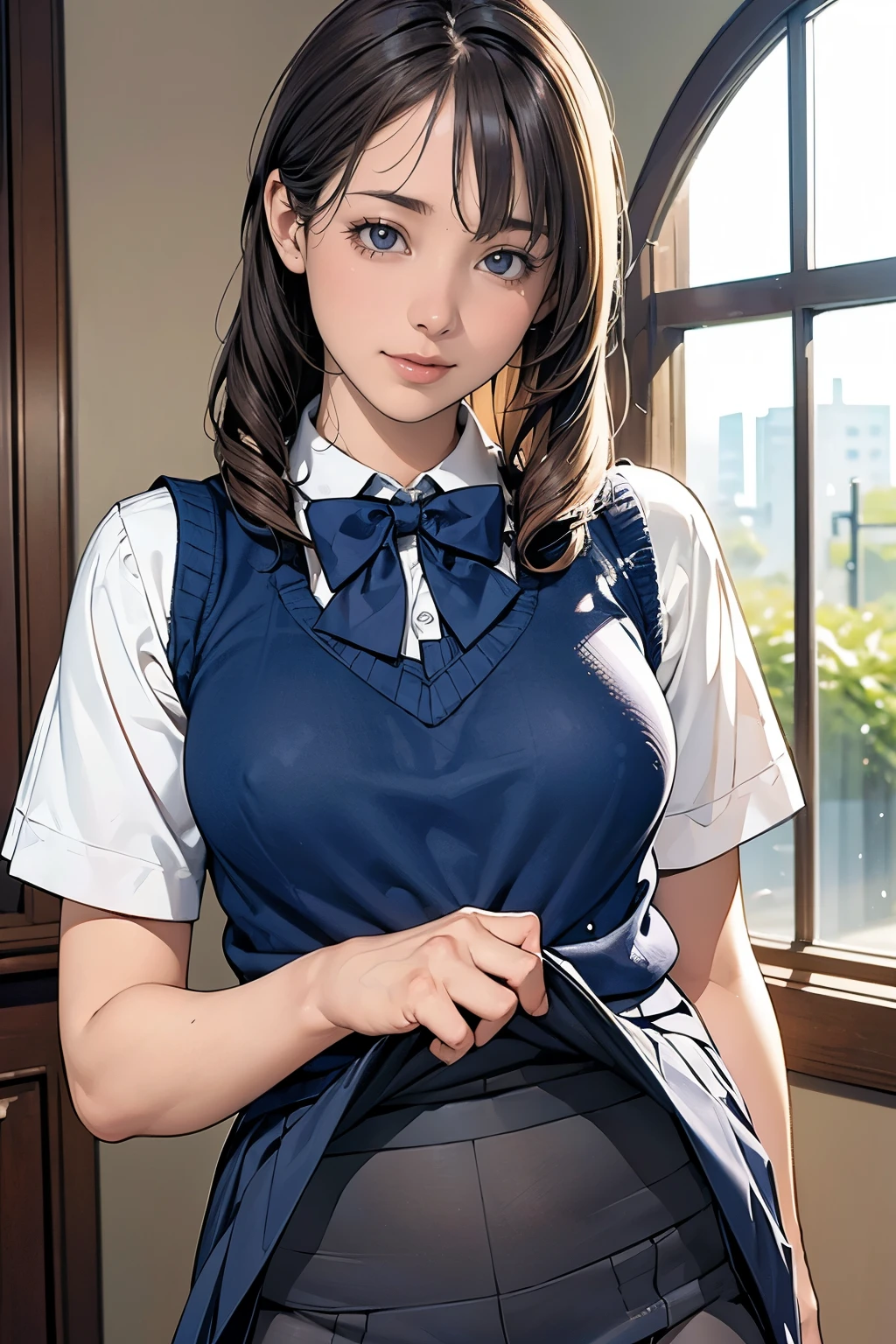 (masterpiece:1.2, highest quality), (realistic, photorealistic:1.4), beautiful illustrations, (natural side lighting, movie lighting), Depth of written boundary,
looking at the viewer, (face focus, Upper body), Front view, 1 girl, English, high school girl, , perfect face, Cute symmetrical face, shiny skin,
(random hairstyles、blonde), Big eyes, long eyelashes chest), thin, tall、
beautiful hair, beautiful face, fine and beautiful eyes, beautiful clavicle, beautiful body, beautiful breasts, beautiful thighs, beautiful feet, beautiful fingers,
((fine fabric texture, Brown knitted vest, short sleeve white collar shirt, navy pleated skirt, Navy bow tie)),
(beautiful scenery), evening, (Inside the flower shop), Are standing, (smile, Upper grade, open your mouth), (((skirt lift, Pantyhose are visible)))