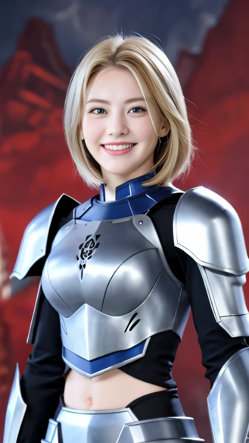 full body shot,The background is a castle、female adventurer,Huge,muscular,short hair,Dark Steel Armor,armored pants,armored boots,Long sword in hand,Are standing,Masculine poses,strong expressive power,towards the viewer,Field Background,towards the camera,body towards the camera,detailed facial features,Armor Detail Smile、smile、beautiful teeth、Gummy Smile、white woman、blue eyes、、blonde
