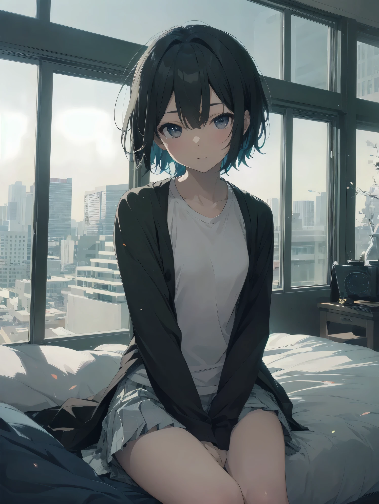 ultra-absurdres-Top quality by artist God, ultra-detailed, high resolution, anime moe artstyle, best anime 8k konachan wallpaper, pixiv contest winner, perfect anatomy,break, 1girl, (Please draw a in heat girl sitting on bed alone. )break,(Solo,little female, 13-year-old:1.3),Full limbs, complete fingers,a junior high school student, Attractiveness of immature bodies, (very short hair), short cut, flat chest, , small butt, small black eyes, beautiful detailed eyes, well-proportioned iris and pupils, expressive eyes, moist eyes, highres detailed hair, blush, in heat, school_uniform, white shirt, pleated skirt,(Detailed Lighting), (Detailed background), in the hotel room. break,super detailed skin, Best cinematic lighting powered by famous artist, 8k,beauty illustration,photoshop_(medium),very aesthetic,break,((artist:fujiyama )), artist:akinashi_yuu ,artist:oyari_ashito ,artist:kantoku ,