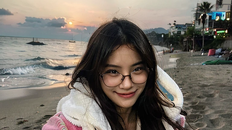 Create a photorealistic image shot with an iPhone10. A picture of a pretty 30 year old Malaysian woman walking on a beach at night. You can see her from her head to her feet. She has long slightly wavy hair and is wearing glasses. She has only a towel wrapped around her. She is laughing and appears slightly drunk. You can see her from her head to her feet.