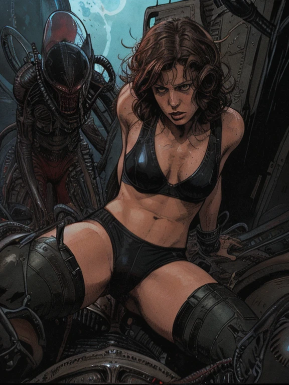 realistic illustration, Ellen ripley raped by a xenomorph alien, cinematic, cameltoe, panty