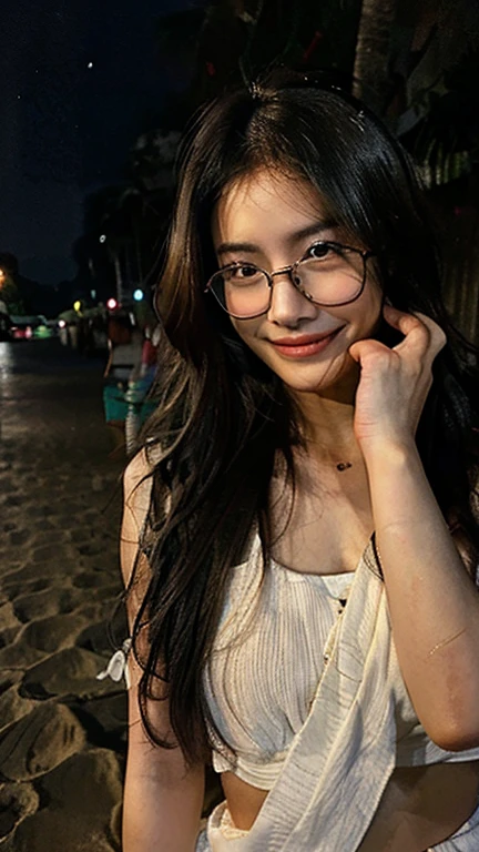 Create a photorealistic image shot with an iPhone10. A picture of a pretty 30 year old Malaysian woman walking on a beach at night. You can see her from her head to her feet. She has long slightly wavy hair and is wearing glasses. She has only a towel wrapped around her. She is laughing and appears slightly drunk. You can see her from her head to her feet.