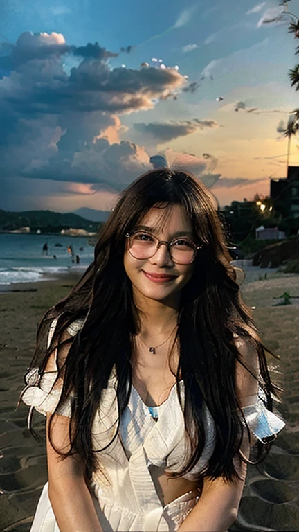 Create a photorealistic image shot with an iPhone10. A picture of a pretty 30 year old Malaysian woman walking on a beach at night. You can see her from her head to her feet. She has long slightly wavy hair and is wearing glasses. She has only a towel wrapped around her. She is laughing and appears slightly drunk. You can see her from her head to her feet.