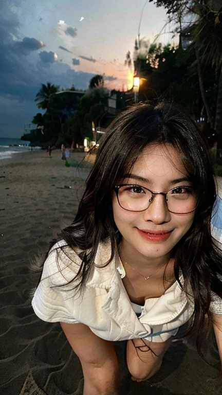 Create a photorealistic image shot with an iPhone10. A picture of a pretty 30 year old Malaysian woman walking on a beach at night. You can see her from her head to her feet. She has long slightly wavy hair and is wearing glasses. She has only a towel wrapped around her. She is laughing and appears slightly drunk. You can see her from her head to her feet.