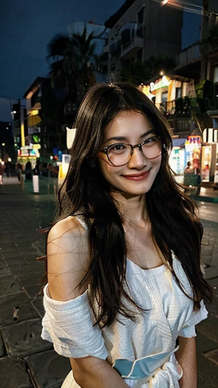 Create a photorealistic image shot with an iPhone10. A picture of a pretty 30 year old Malaysian woman walking on a beach at night. You can see her from her head to her feet. She has long slightly wavy hair and is wearing glasses. She has only a towel wrapped around her. She is laughing and appears slightly drunk. You can see her from her head to her feet.
