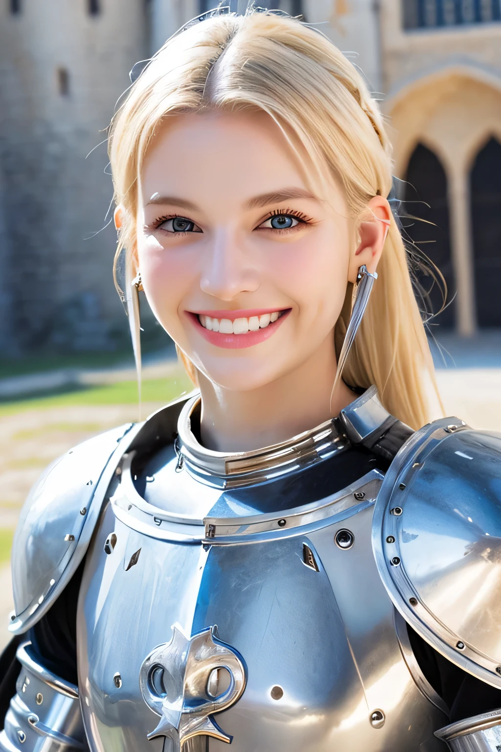 8K、highest quality、female knight、The background is a castle、Luxurious Silver Armor、heavy equipment、hairstyle semi long、smile、beautiful teeth、full body photo、ear piercing、white woman、blonde、blue eyes、Gummy Smile、medieval helmet