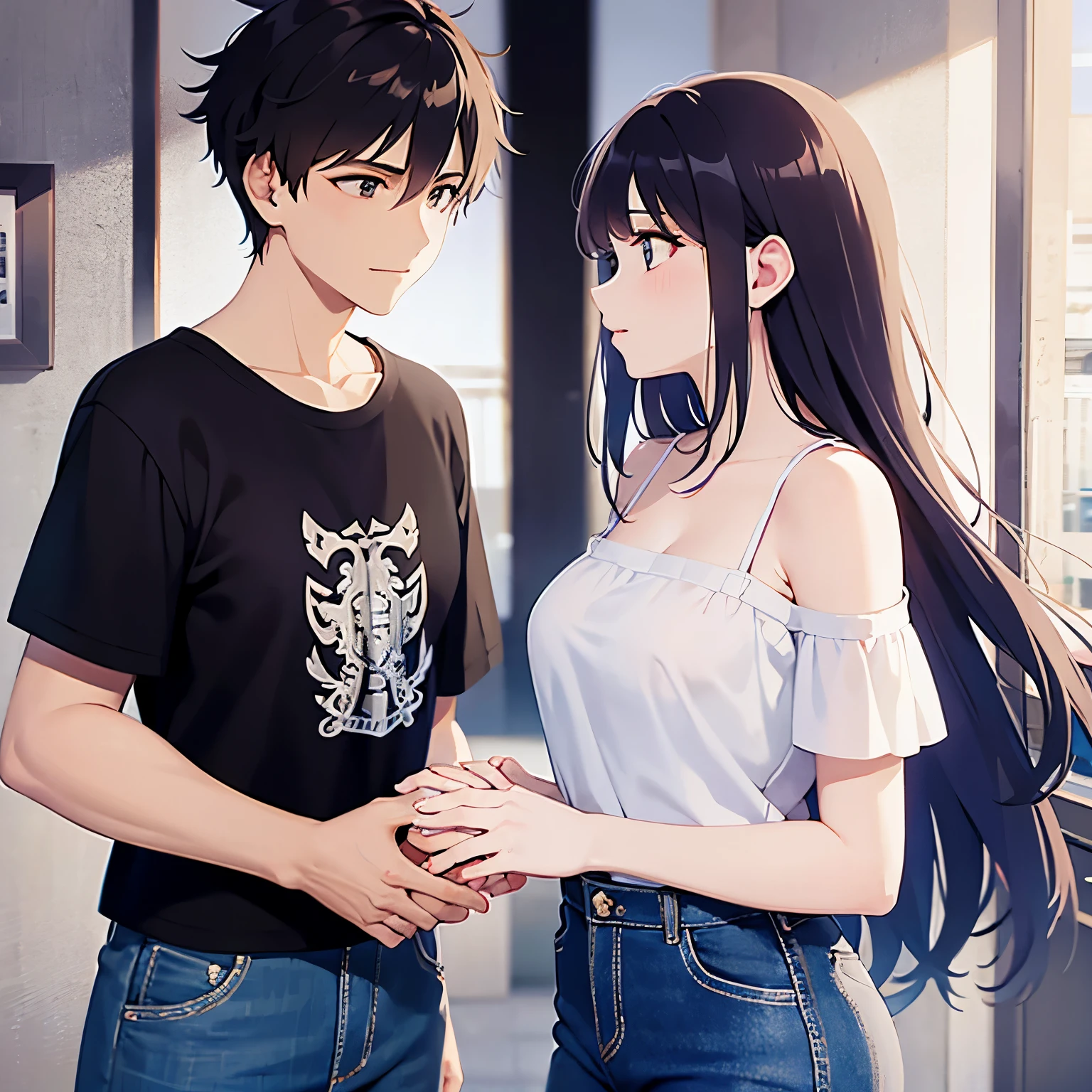 1,A man and a woman are facing each other and shaking hands. 2,The woman is an idol and is wearing a pretty off shoulder blouse. 3,The man is a fan of the woman and is wearing a black T-shirt and jeans. 4,The location is a handshake event.