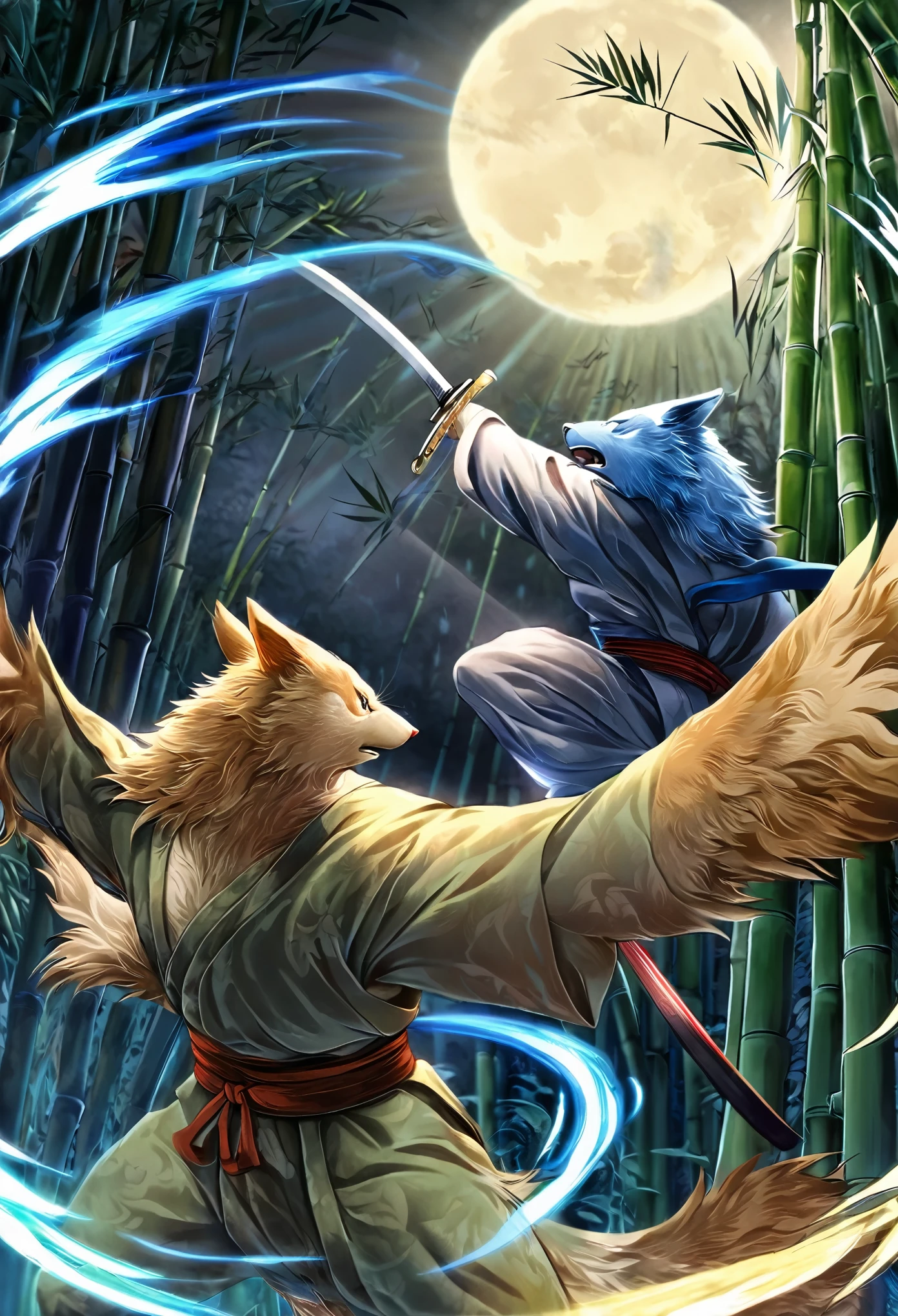 Top quality ultra-fine illustrations, movie poster, Zatoichi, Blind Swordsman (bamboo forest, dark night with beautiful full moon, rays of light through bamboo, backlighting, Tyndall phenomenon) (beautiful face and eyes with great detail) absurdres perfect anatomy ((Beastman))) (furry, pair, Japanese kimono, ninja, sword with blue flames, battle duels, concentration lines) (furry anthro:1.7) ((((furry body, animal facial features, animal body features)))) ((((animal muzzle highly detailed fur)))) full body, sturdy look, shouting, combat regime (dynamic pose),