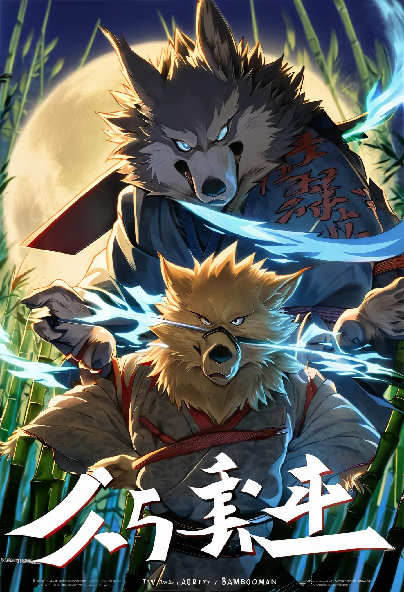 Top quality ultra-fine illustrations, movie poster, Zatoichi, Blind Swordsman (bamboo forest, dark night with beautiful full moon, rays of light through bamboo, backlighting, Tyndall phenomenon) (beautiful face and eyes with great detail) absurdres perfect anatomy ((Beastman))) (furry, pair, Japanese kimono, ninja, sword with blue flames, battle duels, concentration lines) (furry anthro:1.7) ((((furry body, animal facial features, animal body features)))) ((((animal muzzle highly detailed fur)))) full body, sturdy look, shouting, combat regime (dynamic pose),