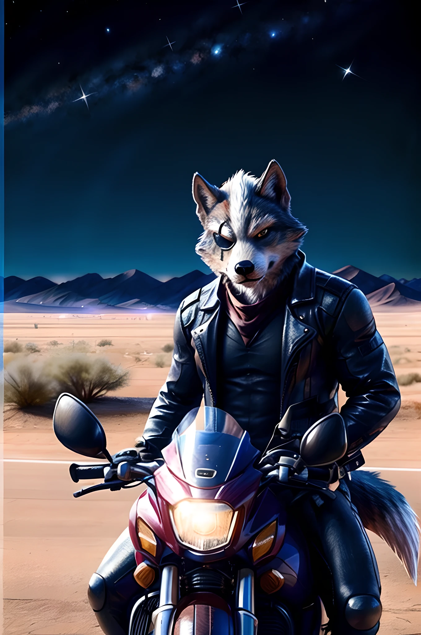 wolf o'donnell, 4k, high resolution, best quality, posted on e621, solo, anthro body, male, adult, masculine, muscular, correct anatomy, correct proportions, (desert, road, space, stars, blurry background, out-of-focus background:1.0), (masterpiece, photorealistic, realistic, realistic lighting, realistic fur, realistic shadows:1.0), beautiful lighting, (upper body), eyepatch, stern face, motorcycle, sitting on motorcycle, leather best