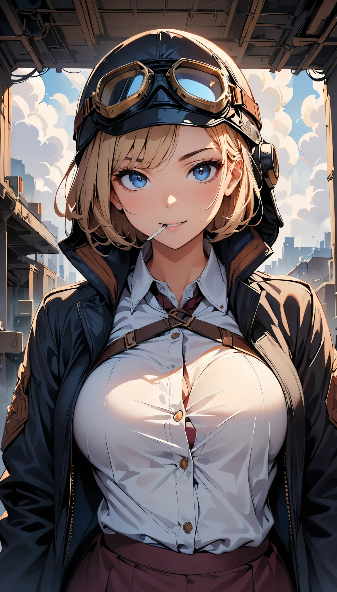 (highest quality, 4k, 8K, High resolution, masterpiece:1.2), Super detailed, one person, woman, steampunk design, Aviator Cap, goggles, flight jacket, in front of the hangar, cowboy shot, pose and look at the viewer, vapor, cigarette, powerful stroke, high contrast, Heroic portrait, adrenaline rush, Detailed weapons, strength, impact, energy, Violent, タバコを咥えたwoman。