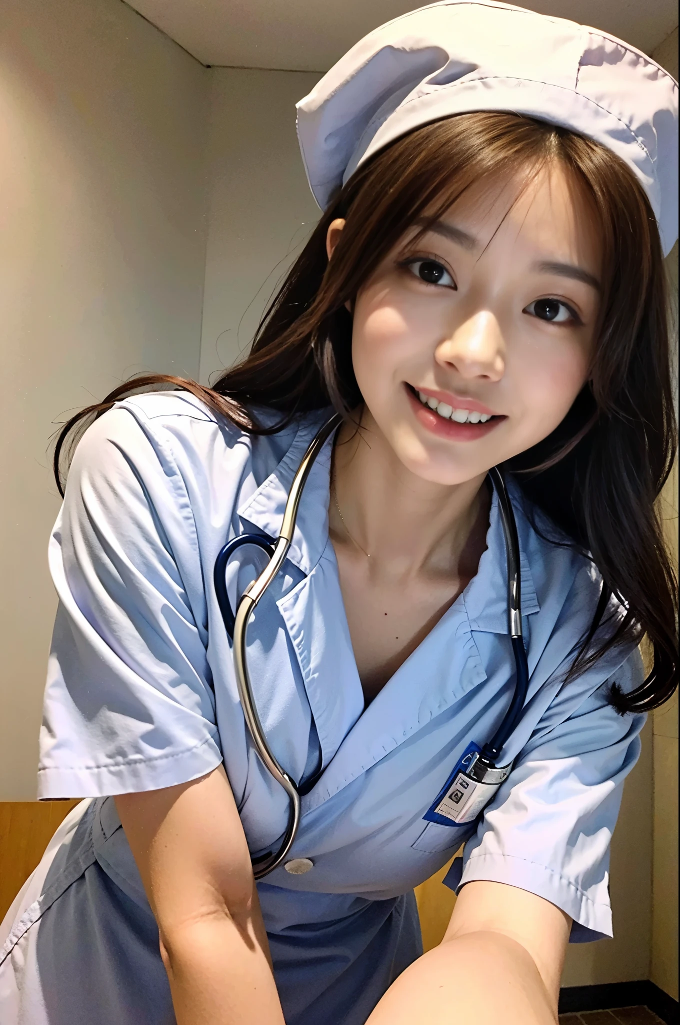 (top-quality、tmasterpiece、movie lighting、)、The sins of Japanese beauties、Glossy reddish-brown shorthair、hair pin、Disheveled hair、Floating hair、beauitful face、Slouched、squatt、(Nurse、White nurse uniform、Nurse hat、Wrap the stethoscope around your neck、)、Beautiful smooth breasts、Hourglass body、Attract the smile of the audience、looks into camera、Knock down the photographer，Speak with your crotch、Video from below、Hospital Rooms、close face、shiny skins、Bold sexy pose、Beautiful Finger、