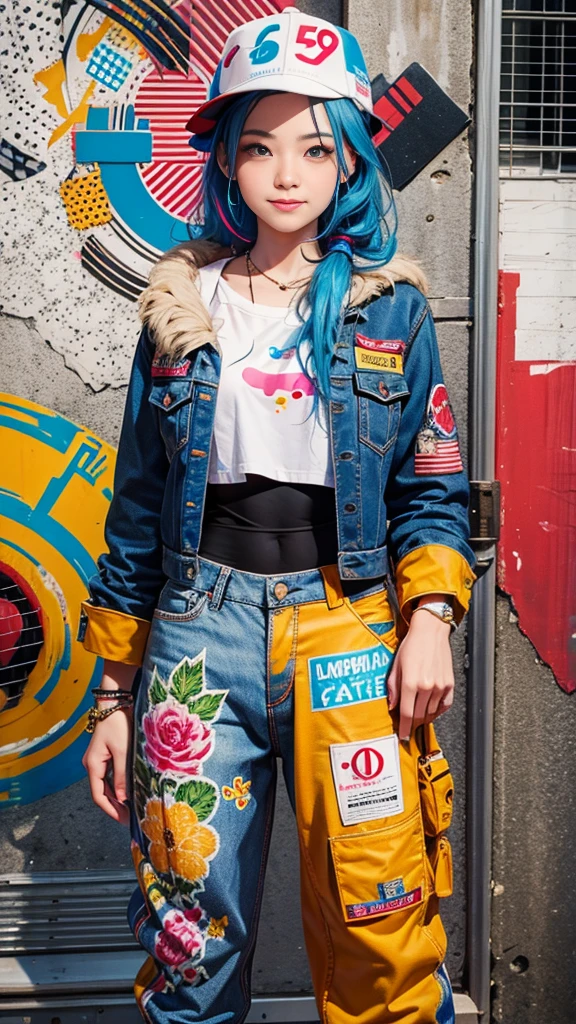 super smile, laughter, 1 girl, 8k quality, masterpiece, best quality, solo, high resolution, street art, dopamine dressing, loose clothing, colorful accessories, jewelry, perfect combination of trend and street, flat model, dopamine pants, summer, sexy face shape, ether, packaging bag, newspaper, graffiti, sticker, creative