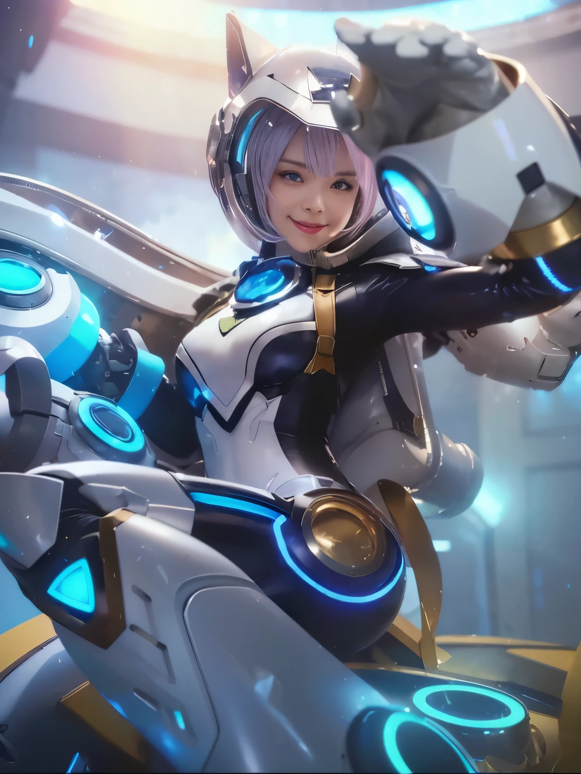 (((Generate image to realistic))), ((raw,UHD,8K,masutepiece,realistic:1.5)), hyper focus, highly detailed, make realistic natural, (realistic:1.4), make a extremely realistic, Best quality, 1girl, korean face, hyper realistic face, cute face, glass protected, face glass covered, face covered glass, hyper realistic glass helmet, hyper realistic eyes, selfie pose, (wide smile), looking at the viewer, hyper realistic lips, hyper realistic eye, blue eyes, pink hair, hyper realistic hair, epic skin, wears a tube helmet with clear white round glass, full helmet, hyper realistic helmet, very smiley, has white iron cat ears, hyper realistic body, chest covered, gigantic breasts, white and purple clothes with yellow stripes, wears lighted white armor gloves blue, two finger "V" pose, white gloves hand, hyper realistic clothes suit, latex clothing has a blue glowing gems crystal circle in the middle of the chest, white iron armor, the right arm is a combination of armor and a lighted basoka. glowing blue, astro suit, thighs and legs have white armor striped with blue lights, intricate, on the sides of the thighs there is a golden yellow circle, the clothes and armor have a shiny shine, carrying a white sophisticated jetpack engine emitting blue flames, a very real background in the pavilion, hyper realistic all texture, perfect color, ultra clean for all, ultra detailed, best sharp, fantasy lighting, very accourate, ((hyper realistic atmosphere)), (expert photography:1.37)