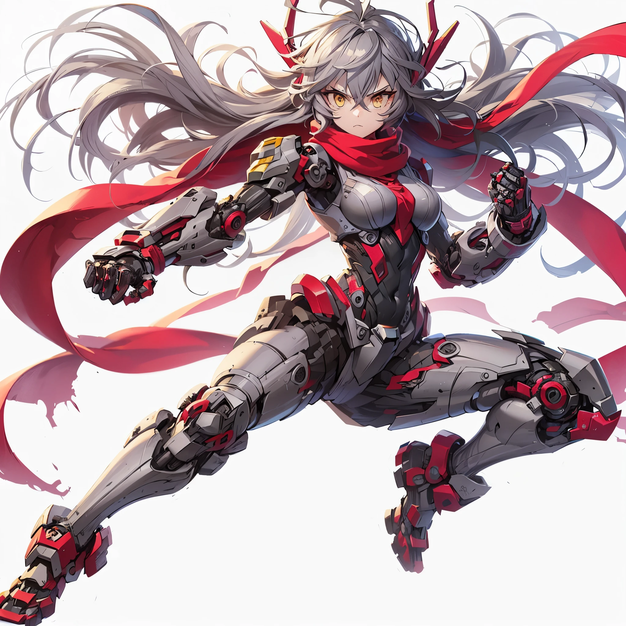 (Masterpiece, Top Quality), (Fine Hair), Ultra-Detailed, Anime Style, Solo, Full Length, Concept Art, Cyber grappler Girl, Ash-Gray Hair and Yellow Eyes, Body-Fitting Thin High-Tech Suit and Red Scarf, Face Exposed Cyber Headgear, Huge Gauntlets, fighting Pose, supernatural red and black flames, wearing huge mechanical boots, White background, standing full length, Digital painting, standing on burnt earth, ((Senki Zesshou Symphogear))