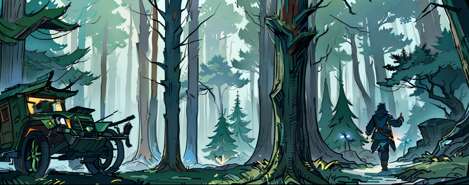 有一个人坐exist马车里走exist树林里, Cinema forest lighting, endor forest, stunning vfx, exist《Assassin's Creed 3》curled, Cyberpunk Forest, invading kashyyyk, Estilo de Raphael Lacoste, Green trees. matte painting, Dark Forest concept art, 史诗般的movie concept art, Martin Raphael Lacoste, Film environment design, movie concept art
