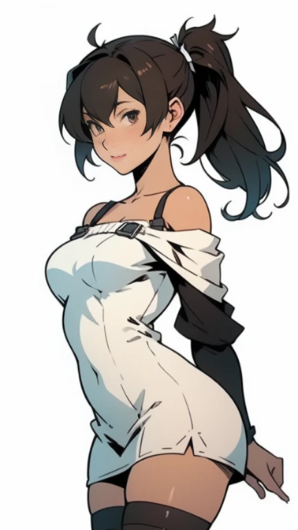 ((highest quality)), ((masterpiece)), (be familiar with), perfect face kaga (kancolle), {{kaga kai ni (kancolle)}}, side ponytail, brown eyes, black long hair, black thighhighs ,, simple background, white background, ,1girl, solo,,from front, facing the front, looking at viewer, straight-on,,{{{game cg}}},year 2023,,very aesthetic, best quality, amazing quality, ,curated, illustration, highly detailed,, tsurime,slant eyes, (knitted_dress), off shoulder,nsfw