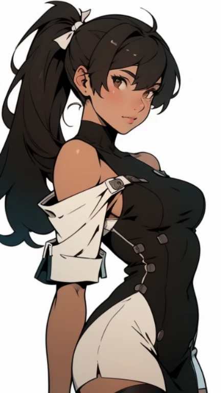 ((highest quality)), ((masterpiece)), (be familiar with), perfect face kaga (kancolle), {{kaga kai ni (kancolle)}}, side ponytail, brown eyes, black long hair, black thighhighs ,, simple background, white background, ,1girl, solo,,from front, facing the front, looking at viewer, straight-on,,{{{game cg}}},year 2023,,very aesthetic, best quality, amazing quality, ,curated, illustration, highly detailed,, tsurime,slant eyes, (knitted_dress), off shoulder,nsfw