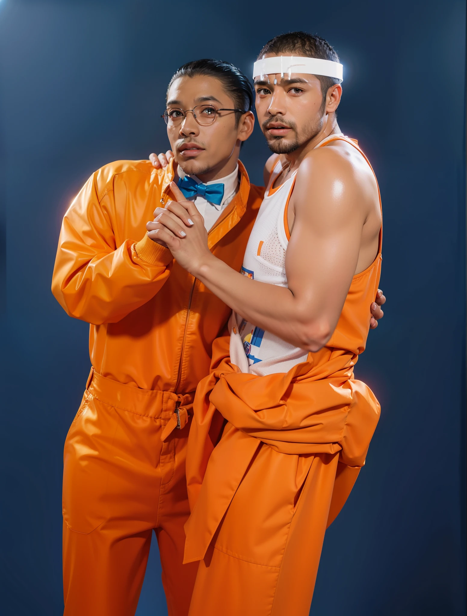 they are two men in orange uniforms posing for a picture, wearing orange prison jumpsuit, dressed in orange inmate attire,, wearing prison jumpsuit, prison jumpsuit, wearing an orange jumpsuit, they are afroamerican, they are black,, multiple light sources, rim light, sharp post effects render, (glossy plastic texture with multiple big light probe refractions), perfect cgi, smooth silhouette, high intensity refraction, (super glossy material), most beautiful vfx, blue background, plastic refractions, realistic, 4k, high resolution, rim light, she is flying, she is laying on the floor, photo shoot, commercial photo, profile shot, 4k, rim light, high resolution, 4k, glossy texture, smooth 3d model, multiple light sources, rim light, sharp post effects render, (glossy metallic texture with multiple big light probe refractions), perfect cgi, cgi art created only with gradients, smooth silhouette, high intensity refraction, (super glossy chrome material), most beautiful vfx, blue background, chrome metal refractions, multiple light sources, rim light, sharp post effects render, perfect cgi, anthropomorphic cat, digital art, detailed digital art, reflective, best quality, 4k, masterpiece:1.2, ultra-detailed, realistic, vivid colors, dark and moody lighting, The image of the highest quality, ensuring every detail showcased perfectly. It in 4k resolution, allowing viewers to immerse themselves in the richness of the colors and intricate details. The realistic rendering. under the spotlight, reflecting, high-resolution image, realistic rendering, dark background, and rim light photorealistic