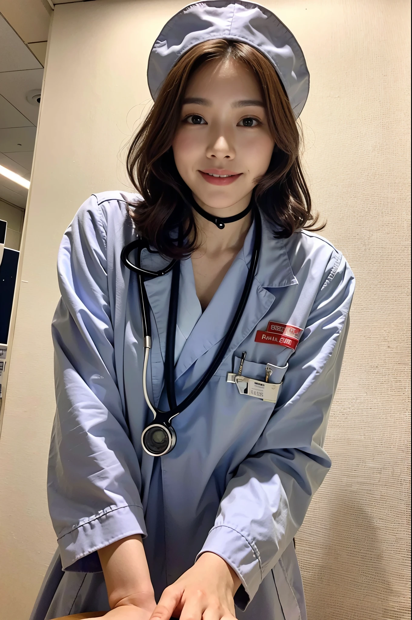 (top-quality、tmasterpiece、movie lighting、)、The sins of Japanese beauties、Glossy reddish-brown shorthair、hair pin、Disheveled hair、Floating hair、beauitful face、Slouched、squatt、(Nurse、White nurse uniform、Nurse hat、Wrap the stethoscope around your neck、)、Beautiful smooth breasts、Hourglass body、Attract the smile of the audience、looks into camera、Knock down the photographer，Speak with your crotch、Video from below、Hospital Rooms、close face、shiny skins、Bold sexy pose、Beautiful Finger、