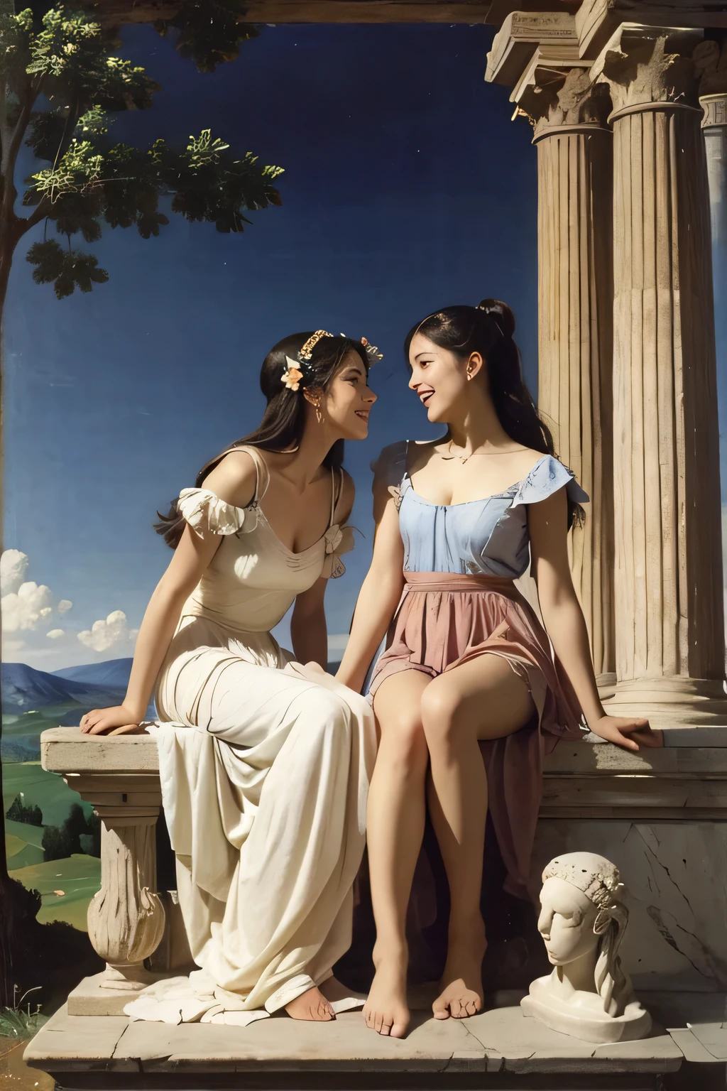 full body portrait or statue、Giorgione painting style,Arguments of two female Philosophe,math、astronomical machine、astronaut、roses in vase、fruits、Cute trinkets、smile、ancient greek costume、Ancient Roman landscape in the style of Nicolas Poussin,laughter,,Sweet and seductive appearance.、Caravaggio's paintings、Chiaroscuro of Caravaggio、hair tousled by the wind,Two women frolicking,cute smile, expression of ecstasy,Sexy,erotic