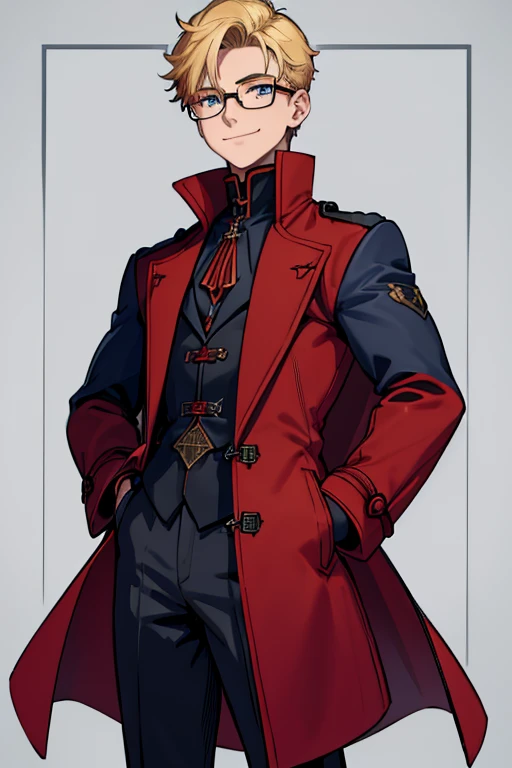 male, blonde short hair, blue eyes, (((1boy))), (((red gothic coat with yellow trim))), (black shirt), (grey pants), (black knee high boots), (glasses), long legs, smiling