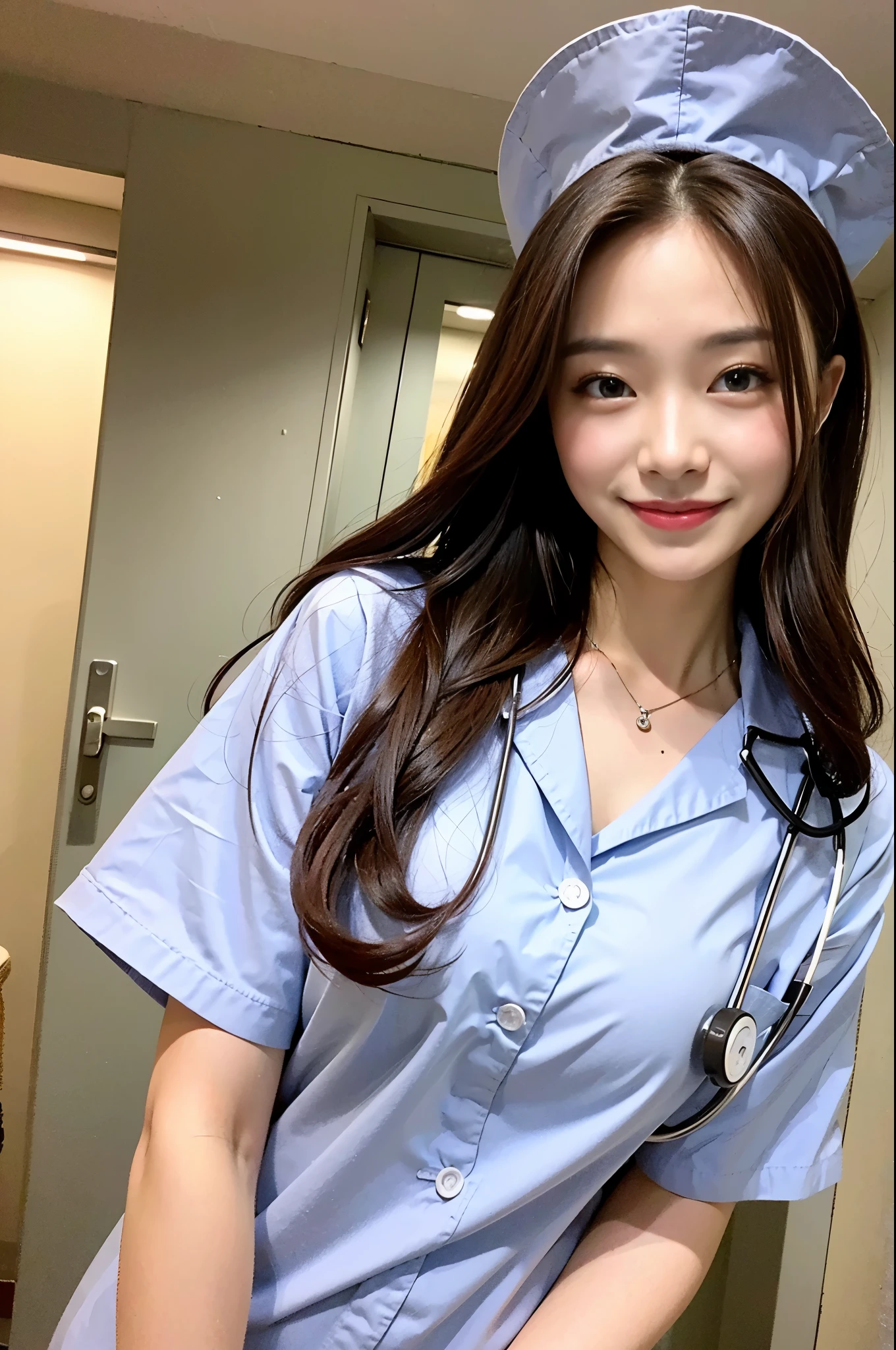 (top-quality、tmasterpiece、movie lighting、)、The sins of Japanese beauties、Glossy reddish-brown shorthair、hair pin、Disheveled hair、Floating hair、beauitful face、Slouched、squatt、(Nurse、White nurse uniform、Nurse hat、Wrap the stethoscope around your neck、)、Beautiful smooth breasts、Hourglass body、Attract the smile of the audience、looks into camera、Knock down the photographer，Speak with your crotch、Video from below、Hospital Rooms、close face、shiny skins、Bold sexy pose、Beautiful Finger、