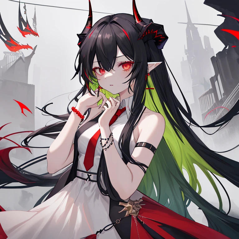 best quality, masterpiece, highres, solo, {dusk_arknights:1.15}, black_hair, horns, long_hair, pointy_ears, dragon_horns, multicolored_hair, jewelry, earrings, red_eyes, sleeveless, colored_skin, streaked_hair, breasts, dragon_girl, necktie, red_necktie, very_long_hair, green_skin, hair_over_one_eye, upper_body, green_hair, tassel_earrings, closed_mouth, 1girl, bare_shoulders, bead_bracelet, beads, bracelet, dress, yellow_eyes, white_dress, blush, from_side, hand_on_own_cheek, hand_on_own_face, hand_up, looking_at_viewer, parted_lips