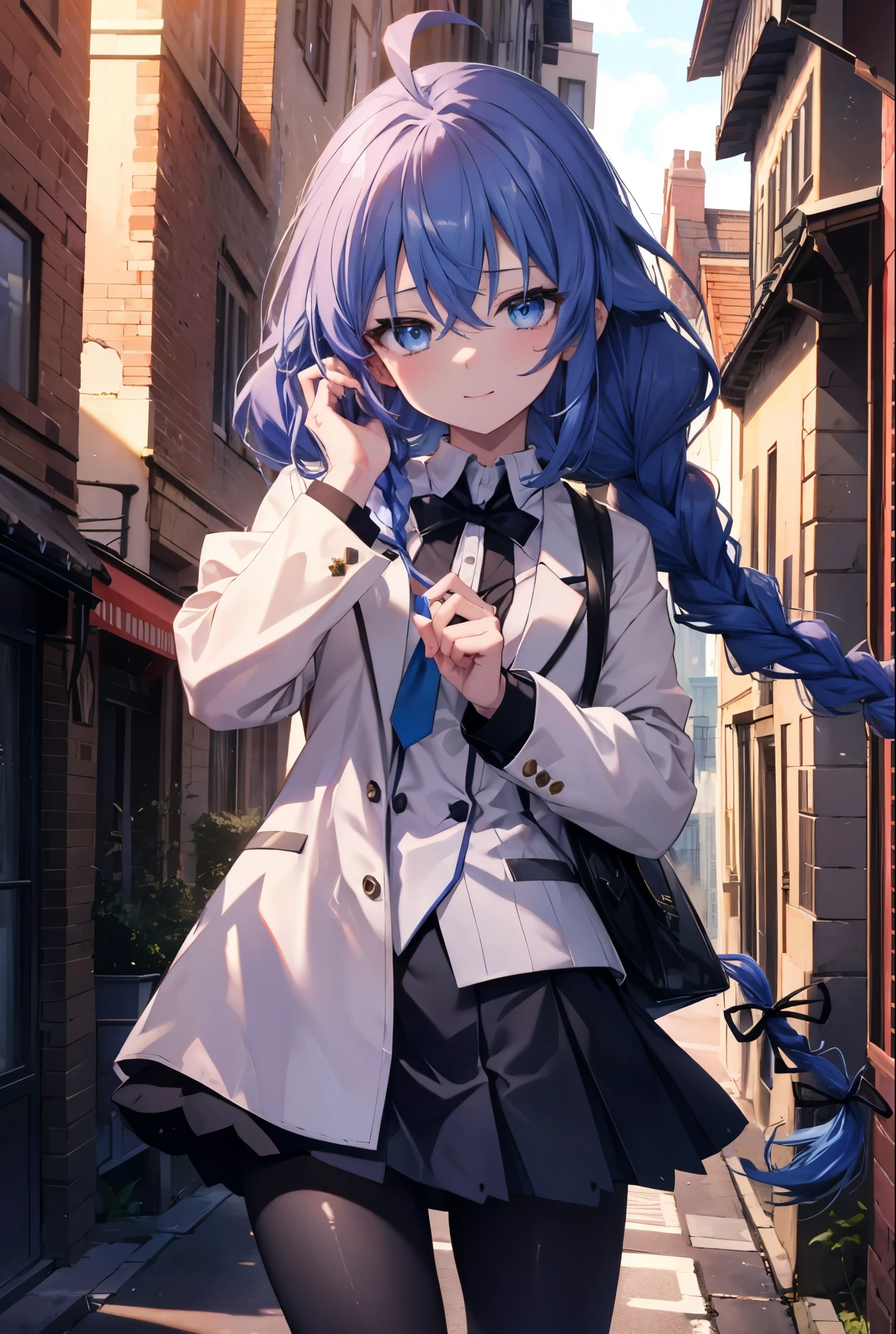 (masterpiece,intricate details),1 girl,mature woman,light _face, BREAK Roxymigurdia, Roxy, Ahoge, black ribbon, blue eyes, blue hair, Braid, hair between eyes, hair ribbon, long hair, twin Braids, very long hair,happy smile, smile, open your mouth, Destroy White Y-Shirt,Blue Blazer,Blue pleated skirt,Gray pantyhose,White Loafers,
壊す looking at viewer,
break outdoors, In town,Destroy a city of buildings (masterpiece:1.2), highest quality, High resolution, unity 8k wallpaper, (figure:0.8), (detailed and beautiful eyes:1.6), 非常に詳細なface, perfect lighting, Very detailed CG, (perfect hands, perfect anatomy),