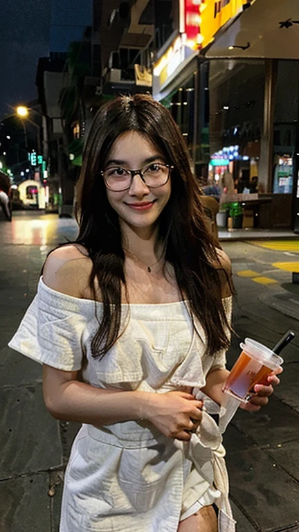 Create a photorealistic image shot with an iPhone10. A picture of a pretty 30 year old Malaysian woman walking on a beach at night. You can see her from her head to her feet. She has long slightly wavy hair and is wearing glasses. She has only a towel wrapped around her. She is holding the towel with one hand and has a drink in her other hand. She is laughing and appears slightly drunk. You can see her from her head to her feet.