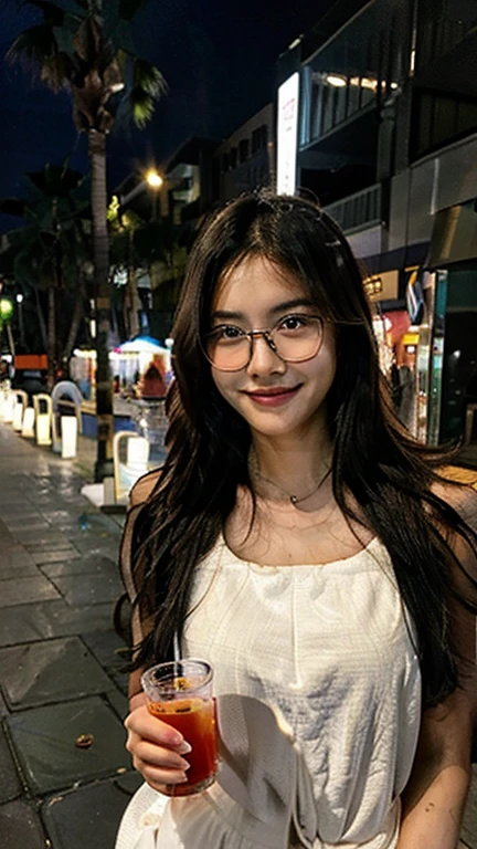 Create a photorealistic image shot with an iPhone10. A picture of a pretty 30 year old Malaysian woman walking on a beach at night. You can see her from her head to her feet. She has long slightly wavy hair and is wearing glasses. She has only a towel wrapped around her. She is holding the towel with one hand and has a drink in her other hand. She is laughing and appears slightly drunk. You can see her from her head to her feet.