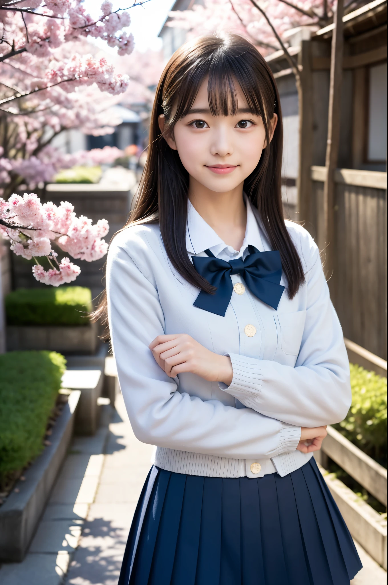 A girl standing in an old Japanese street under the cherry blossoms,Long sleeve navy blue school blazer,gray pleated skirt,White collar and bow tie,school bag,18-year-old,bangs,a little smile,thighs,knees,Straight hair with a white barrette,from below,front light