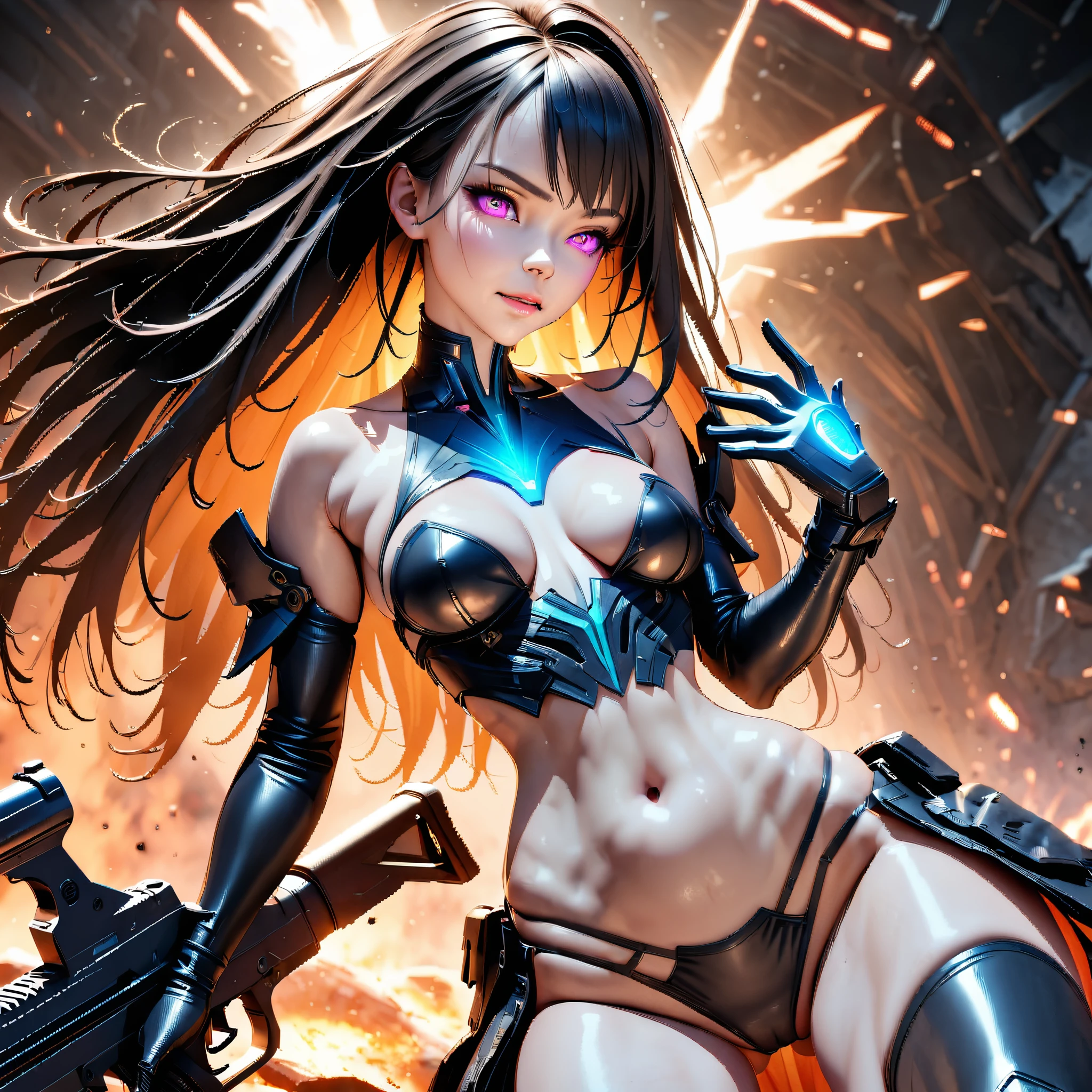 ((Create Odin girl 16+), (facing the viewer, standing close-up, full height), (smoke, fire, shooting), (thin graceful body, facing the viewer, firing from a powerful modern weapon at alien monsters ), (dynamic pose), (heavy, huge weapon - a machine gun, held with two hands), (stands with legs wide apart), (sexy, ), (tender scarlet lips), (straight, long black hair), (small thong , short T-shirt, bare shoulders), (narrow hips, beautiful breasts))_((Artistic Stylization), (3D animation, fantastic comic book film), (clear line, clear outline, high-quality linear drawing, shading))_(( Simple color palettes), (color fill, color richness, saturation, harmony, balance), (background - dark, cold tones, gloomy spaceship environment), (science fiction - horror, - cyberpunk, deep space, spaceship))_( (Sexy, erotic), (powerful - a huge machine gun in his hands), (hands in elbow pads, palms dressed in tactical gloves), (bare thighs, thongs, bare belly-navel, minimal clothing), (legs in combat knee pads, stockings, leggings up to hips - sexy), (massive leather military lace-up boots), (space design, dramatic scene, combat situation))_((Background, fantastic ship lock, (films; Lucas Arts, R.Sh. Giger "Alien", Giger's monsters, space monsters), (stunning scene of shooting in a spaceship - "Alien" monsters), (bright hot light from the barrel of a machine gun, cold contrasting shadows))_ ((Cinematic masterpiece, highest quality), (horizontal clear frame), (contrasting shadows, clear, bright flash light), (warm range of colors, hot light, contrasting light with cold shadows))_((Cinematic animation,), (soft clear shapes, wide strokes, attention to detail), (16K | Ultra HD | Full HD)).