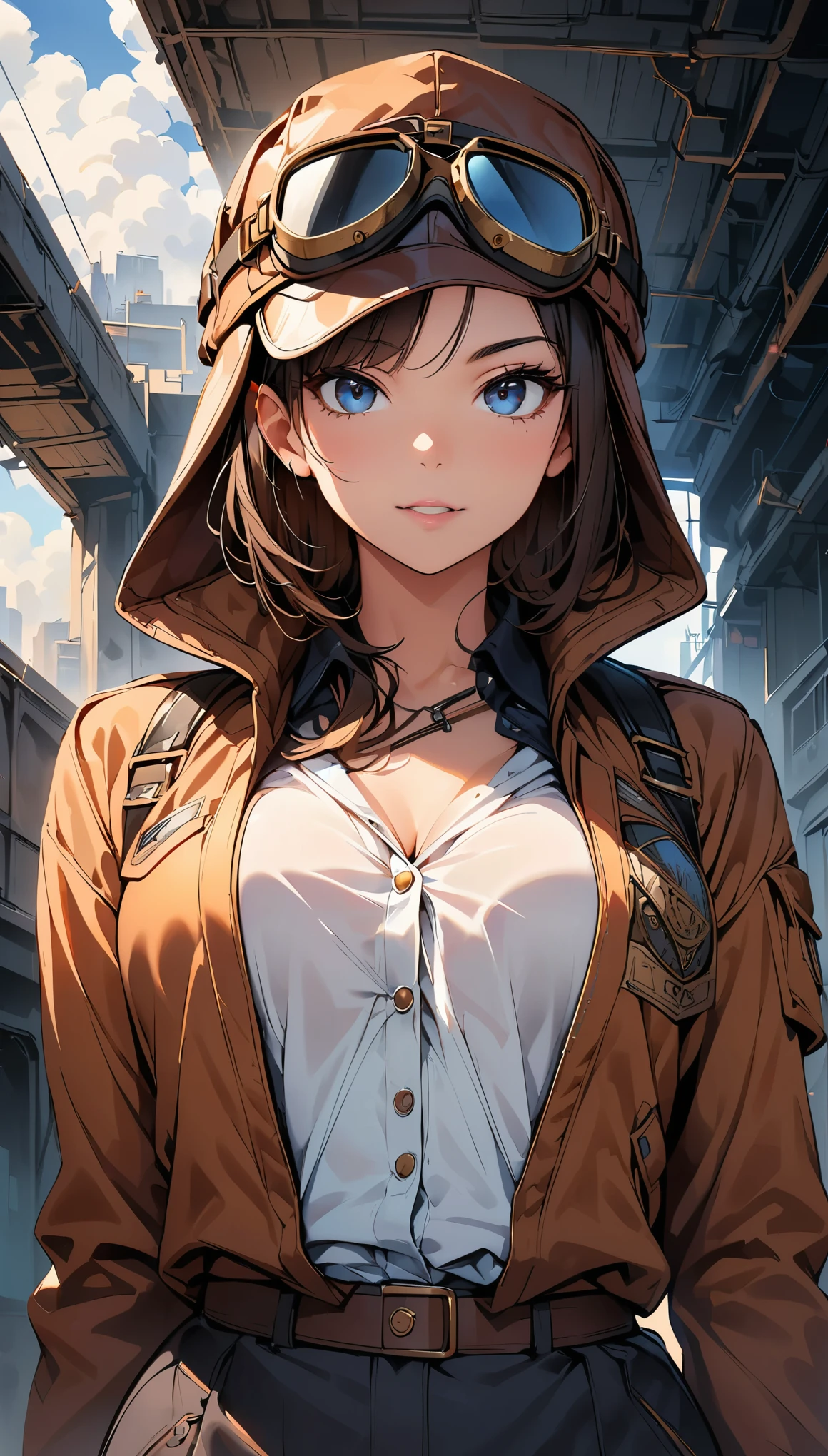 (highest quality, 4k, 8K, High resolution, masterpiece:1.2), Super detailed, one person, woman, steampunk design, Aviator Cap, goggles, flight jacket, in front of the hangar, cowboy shot, pose and look at the viewer, vapor, cigarette, powerful stroke, high contrast, Heroic portrait, adrenaline rush, Detailed weapons, strength, impact, energy, Violent, タバコを咥えたwoman。