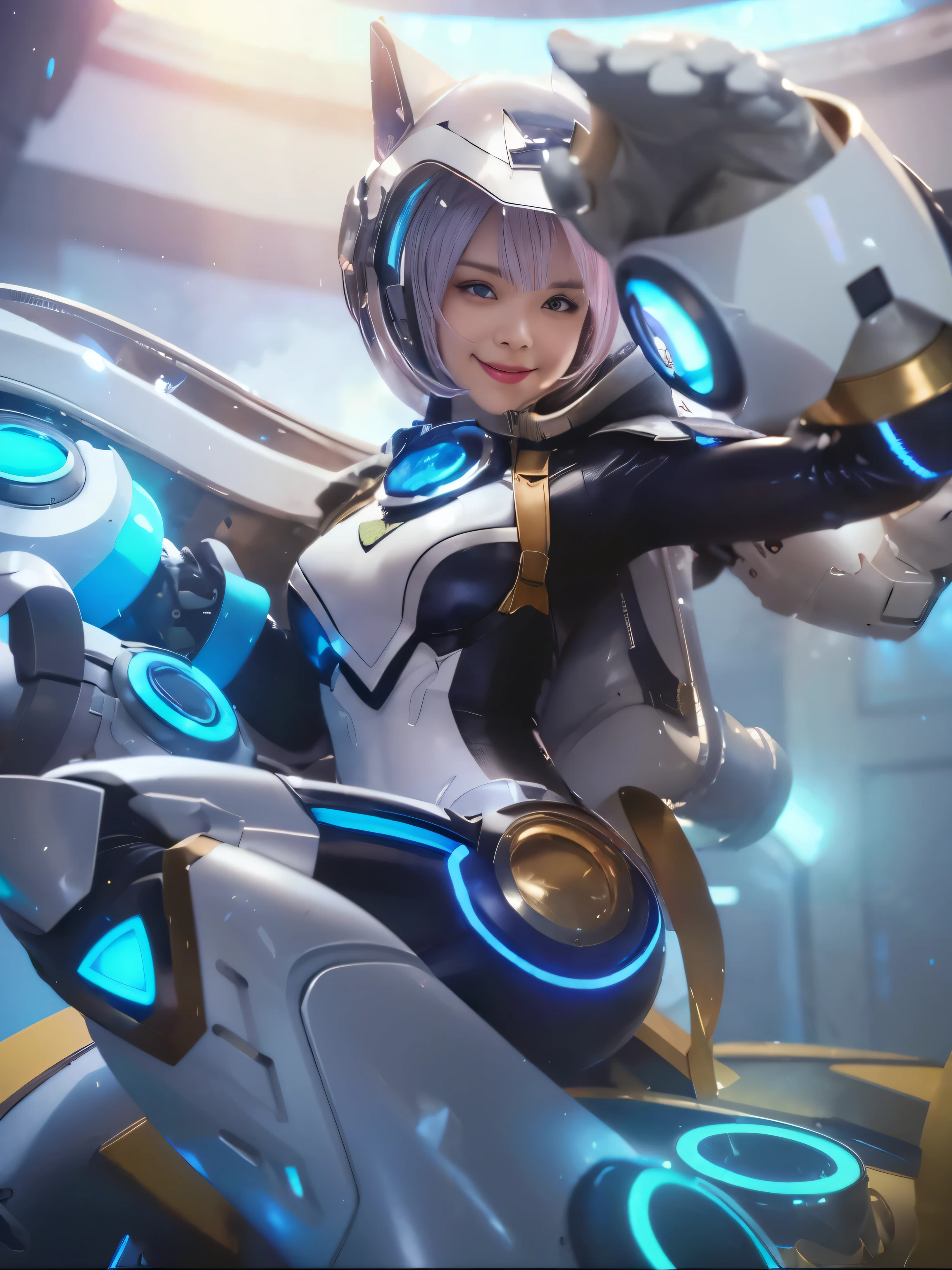 (((Generate image to realistic))), ((raw,UHD,8K,masutepiece,realistic:1.5)), hyper focus, highly detailed, make realistic natural, (realistic:1.4), make a extremely realistic, Best quality, 1girl, korean face, hyper realistic face, cute face, glass protected, face glass covered, face covered glass, hyper realistic glass helmet, hyper realistic eyes, selfie pose, (wide smile), looking at the viewer, hyper realistic lips, hyper realistic eye, blue eyes, pink hair, hyper realistic hair, epic skin, wears a tube helmet with clear white round glass, full helmet, hyper realistic helmet, very smiley, has white iron cat ears, hyper realistic body, chest covered, gigantic breasts, white and purple clothes with yellow stripes, wears lighted white armor gloves blue, two finger "V" pose, white gloves hand, hyper realistic clothes suit, latex clothing has a blue glowing gems crystal circle in the middle of the chest, white iron armor, the right arm is a combination of armor and a lighted basoka. glowing blue, astro suit, thighs and legs have white armor striped with blue lights, intricate, on the sides of the thighs there is a golden yellow circle, the clothes and armor have a shiny shine, carrying a white sophisticated jetpack engine emitting blue flames, a very real background in the pavilion, hyper realistic all texture, perfect color, ultra clean for all, ultra detailed, best sharp, fantasy lighting, very accourate, ((hyper realistic atmosphere)), (expert photography:1.37)