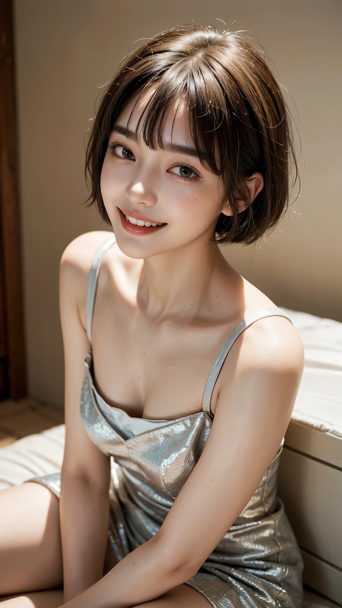 highest quality, masterpiece, ultra high resolution, (realistic:1.4), (portrait facing each other) Raw photo, 1 girl, 20-year-old,((K-pop idol costumes)),((very short hair)),((Bangs, short hair, above eyebrows)),((looking up at the viewer)),realistic,((Simple solid color background)), picture media chest)),((toothy smile)),