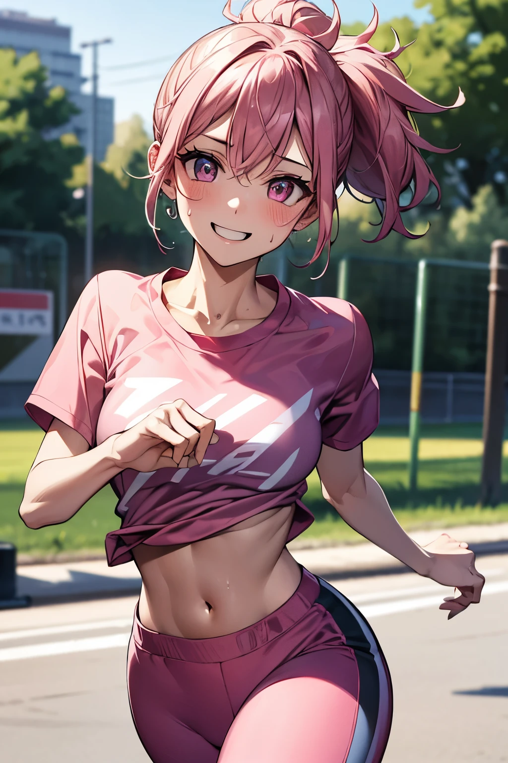 best quality, super fine, 16k, incredibly absurdres, extremely detailed, beautiful cute woman jogging, pink messy short ponytail, looks fun, happy, smile, wearing loose crop shirt, jogging pants, superlative body proportion, sweat, background park running course