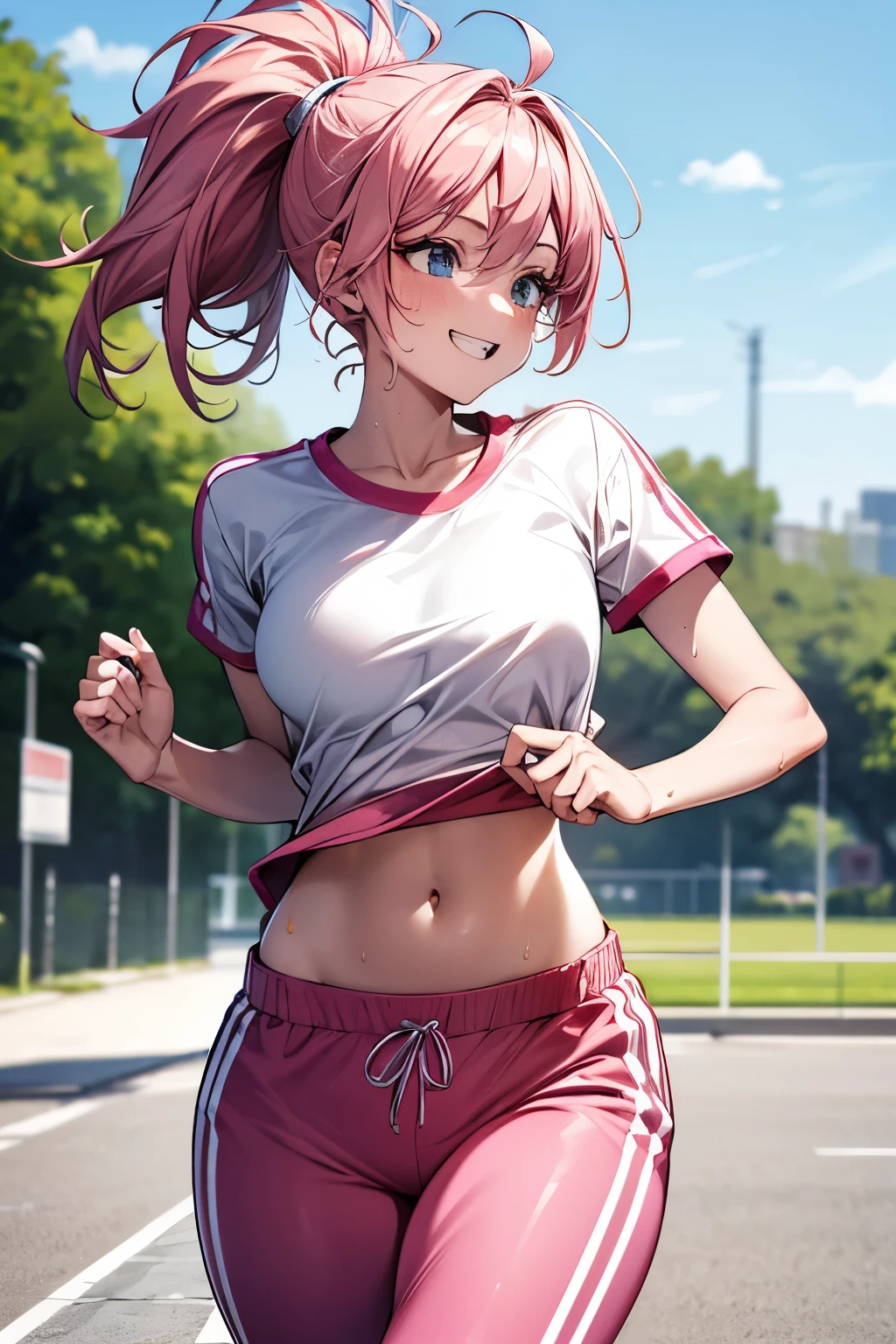 masutepiece, Best Quality, Ultra-detailed, Illustration, extremely delicate and beautiful,High resolution, Ultra-detailed,,Perfect face,Slender Perfect Body, Tight belly,Toned buttocks,Constricted waist,,(((Two women start the 100m dash))), ,((Pink:-1.5) ,(Red:-1.5) ,(Blue:-1.5) hair), (short braided hair), (braided long hair), Shy daughter, Short stature, small tits,(Flåm Athletics Stadium), (Fashionable track and field athletes),(White Running Shirt)、(white bike shorts), small tits, (Wet:1.2), track and field,((Very Wide Shot ))small tits, (Wet:1.2), track and field,((Very Wide Shot )),(Cameltoe),( The pubic area visible through clothing)、(clean legs),{{The uniform is see-through and the panties are visible}、{{Panties are clearly visible}}、childishオマンコ、The shape of the pubic area is clear、rather small breasts、flat breast、{{The costume is very sheer}},{Through clothesオマンコ},{{{{Breast exposed}}}}、{{nipples exposed}}、{Costume with visible nipples},{{{{Uniforms flip up.}}}},{Papillae visible through clothes},{Pink papillae}、pointed papillae 、{{pointed Nipple}}、オマンコthe shape of the is clear、